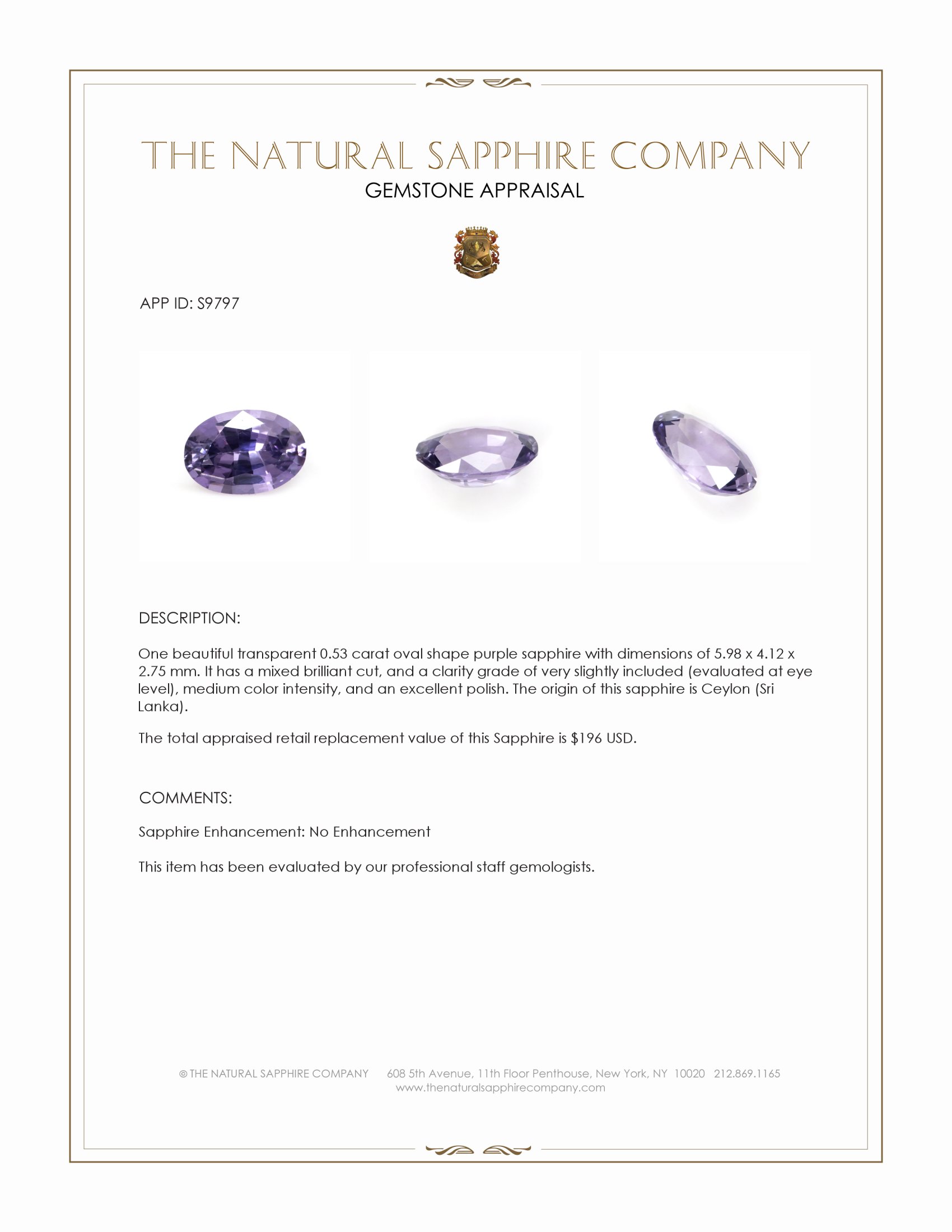 0.53 Ct. Purple Sapphire from Ceylon (Sri Lanka)