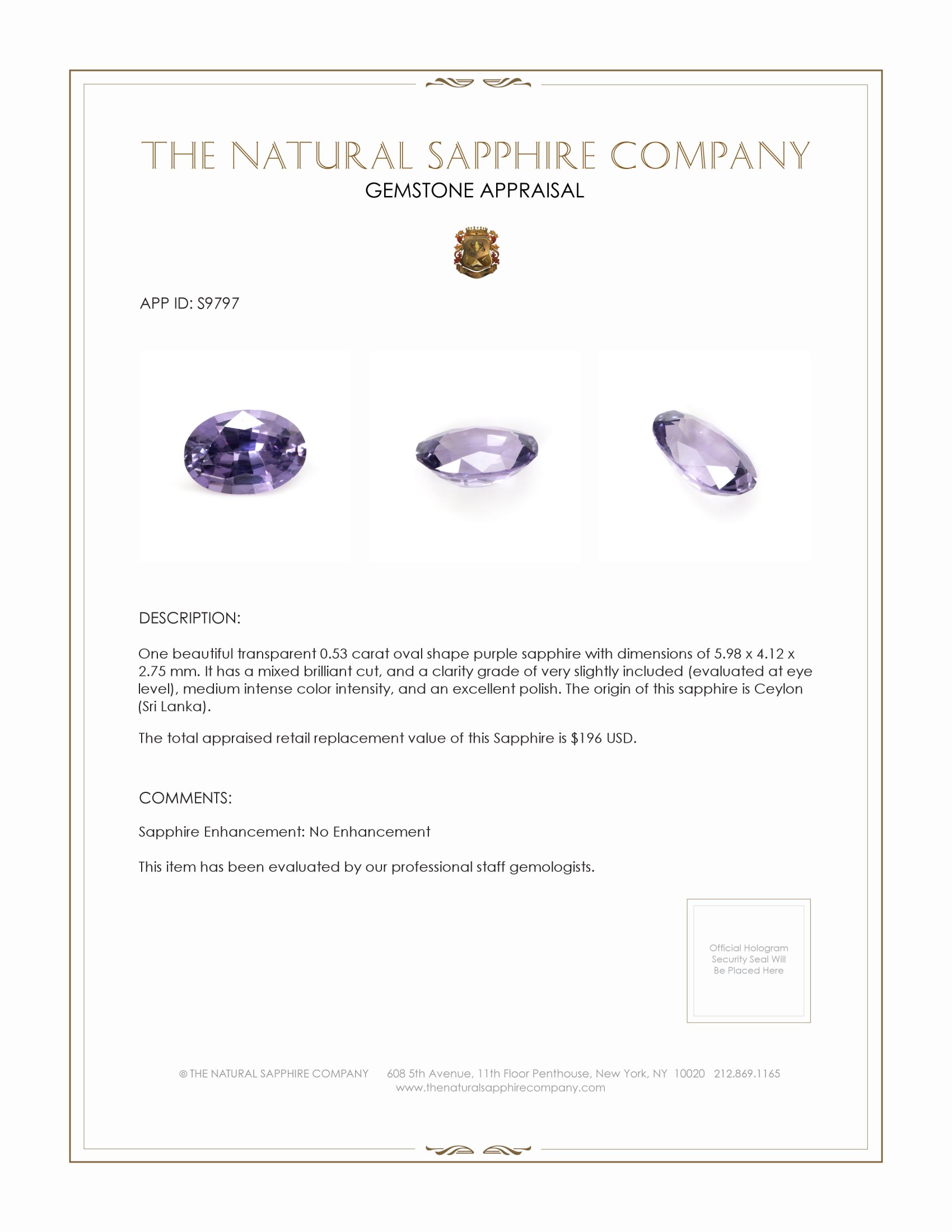 0.53 Ct. Purple Sapphire from Ceylon (Sri Lanka)