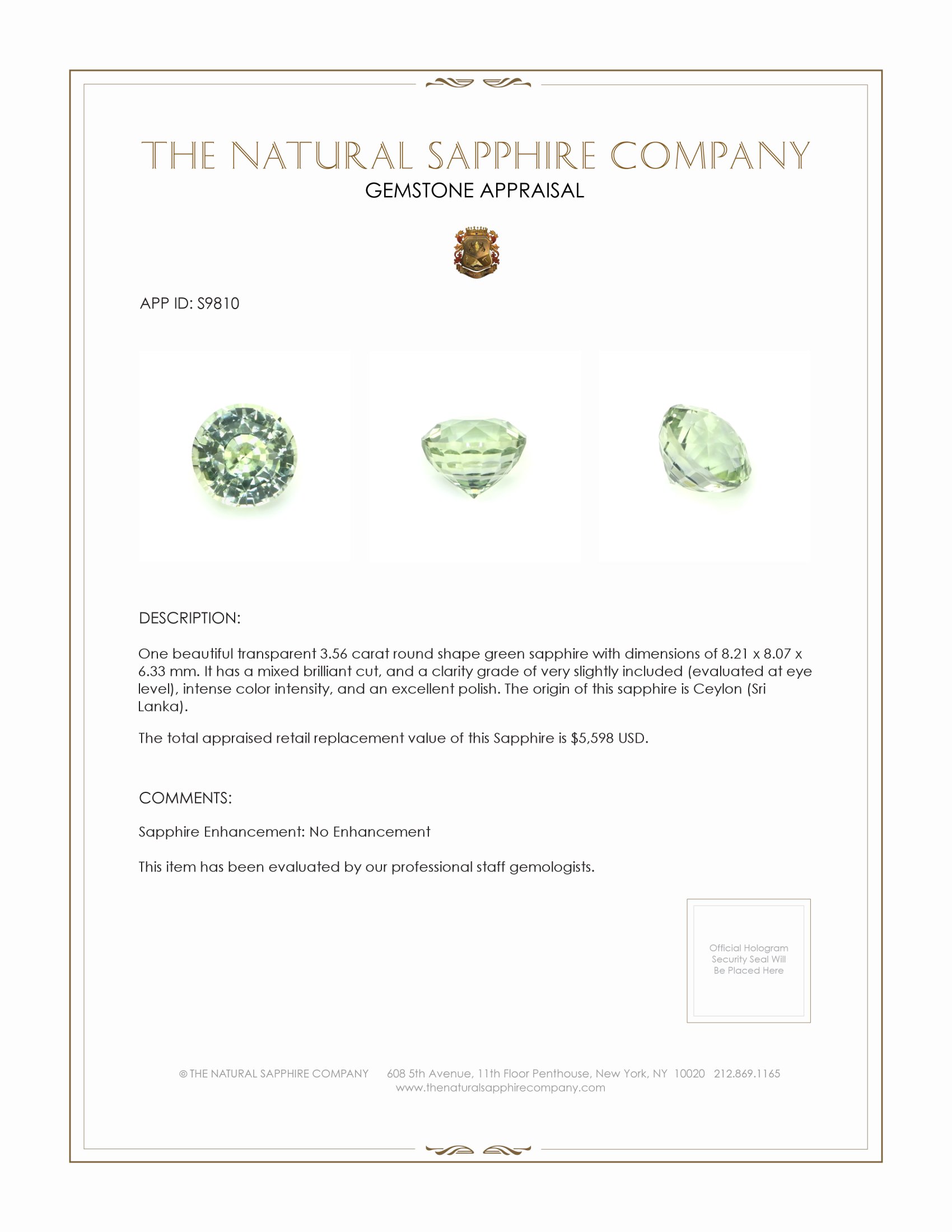 3.56 Ct. Green Sapphire from Ceylon (Sri Lanka)