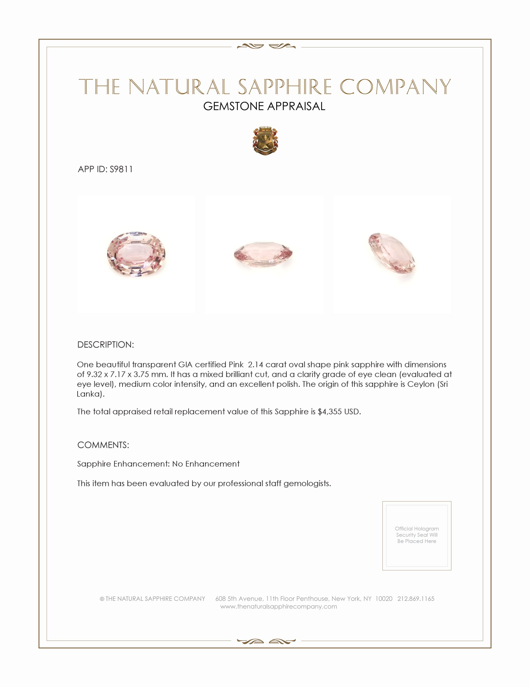 2.14 Ct. Pink Sapphire from Ceylon (Sri Lanka)