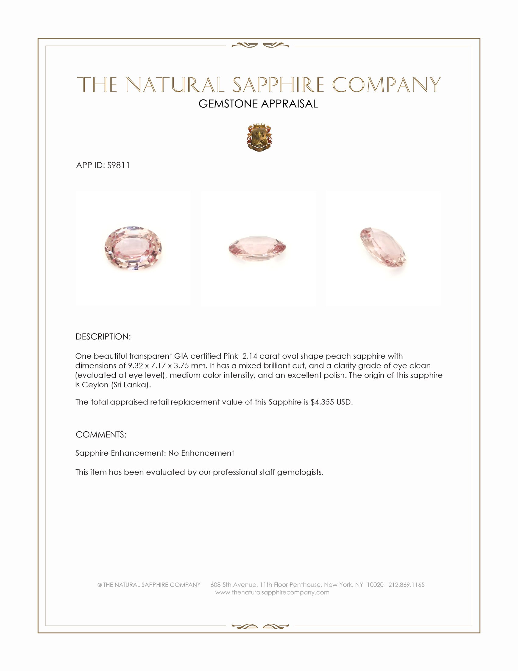 2.14 Ct. Peach Sapphire from Ceylon (Sri Lanka)
