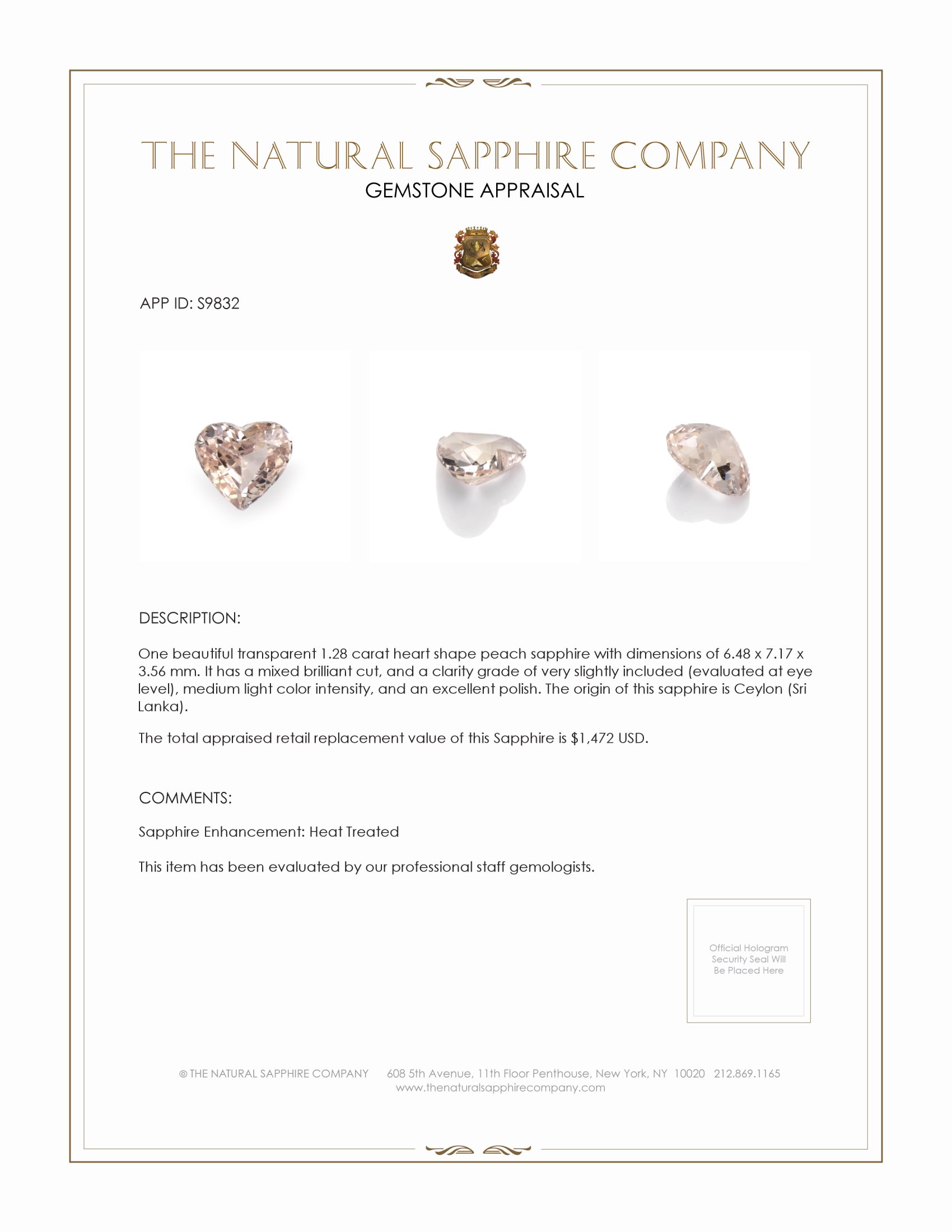 1.28 Ct. Peach Sapphire from Ceylon (Sri Lanka)