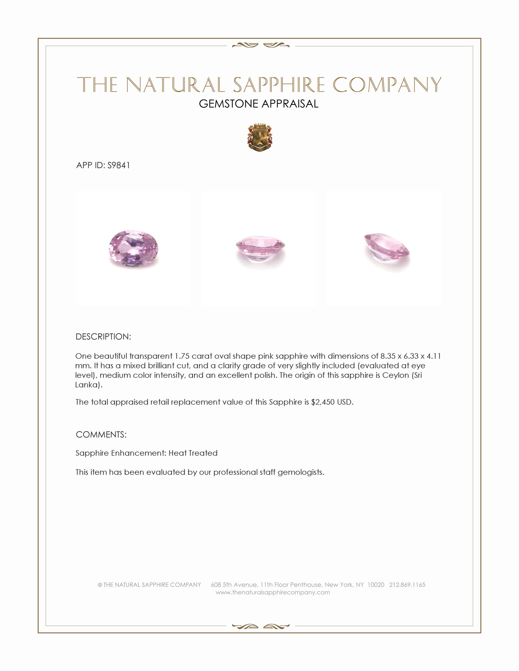 1.75 Ct. Pink Sapphire from Ceylon (Sri Lanka)