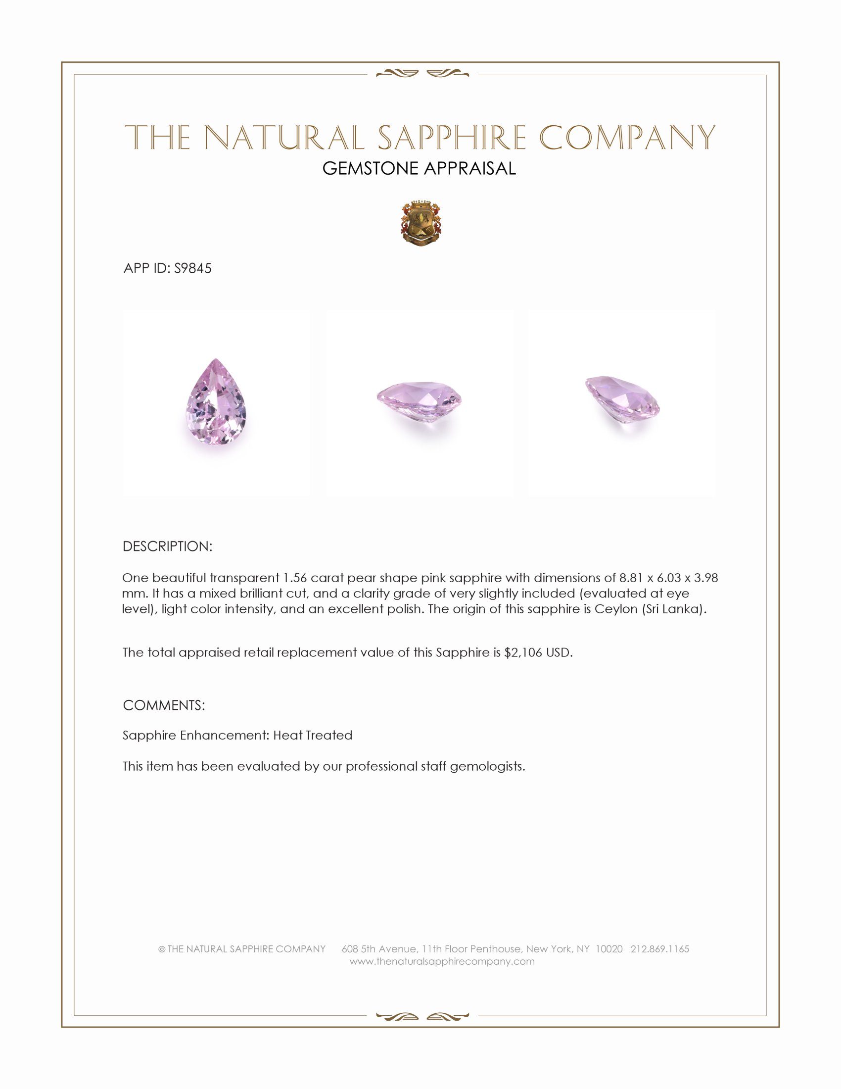 1.56 Ct. Pink Sapphire from Ceylon (Sri Lanka)
