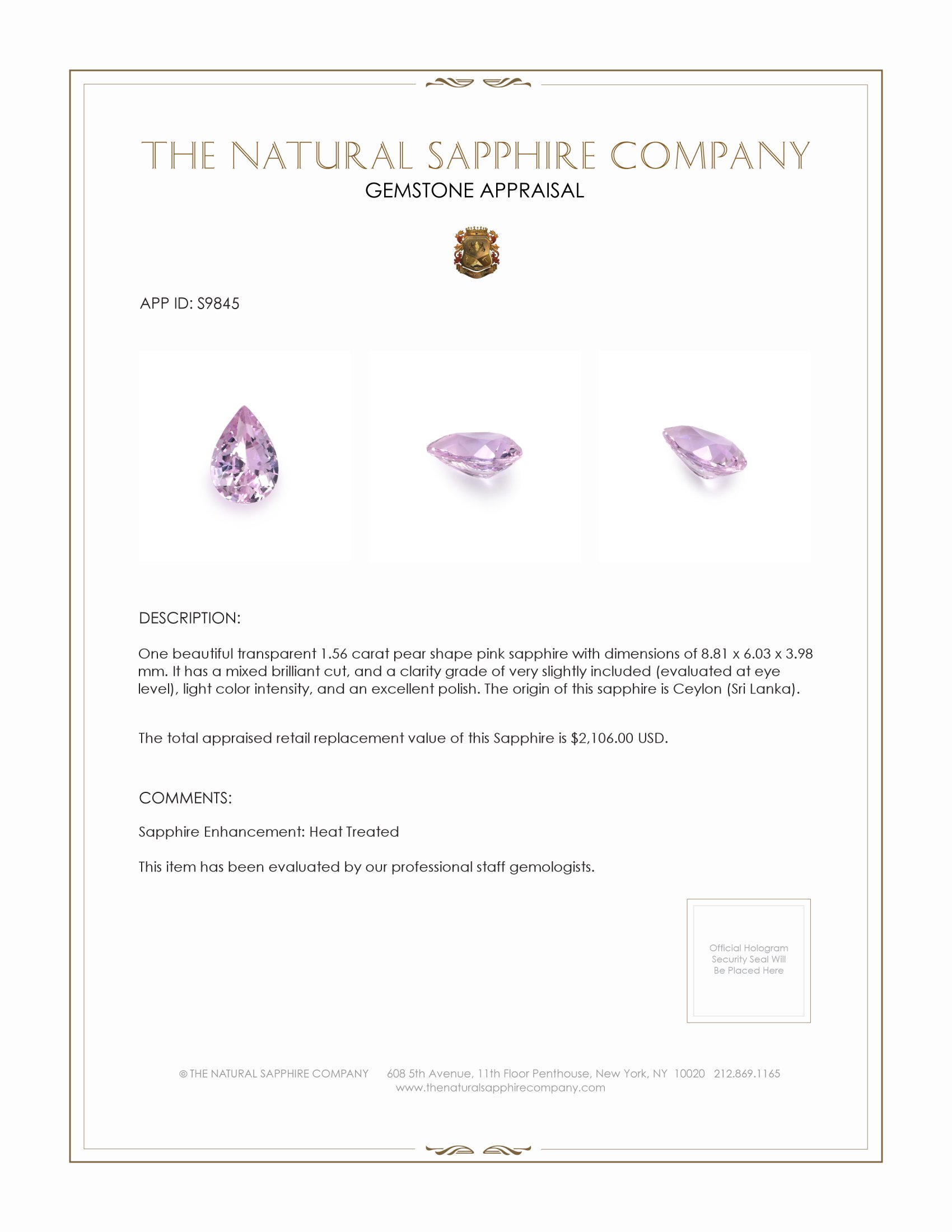 1.56 Ct. Pink Sapphire from Ceylon (Sri Lanka)