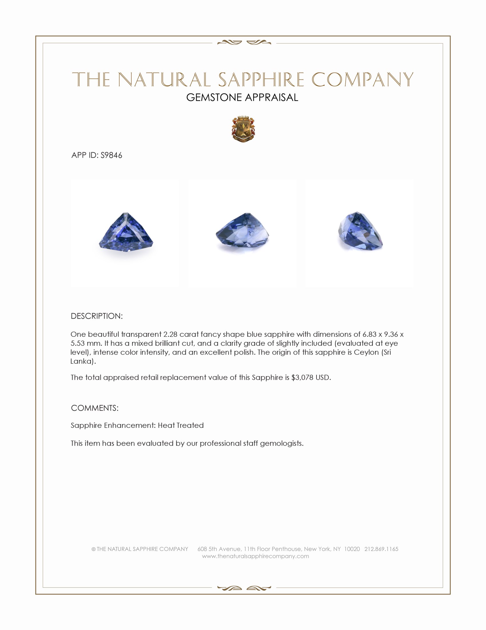 2.28 Ct. Blue Sapphire from Ceylon (Sri Lanka)