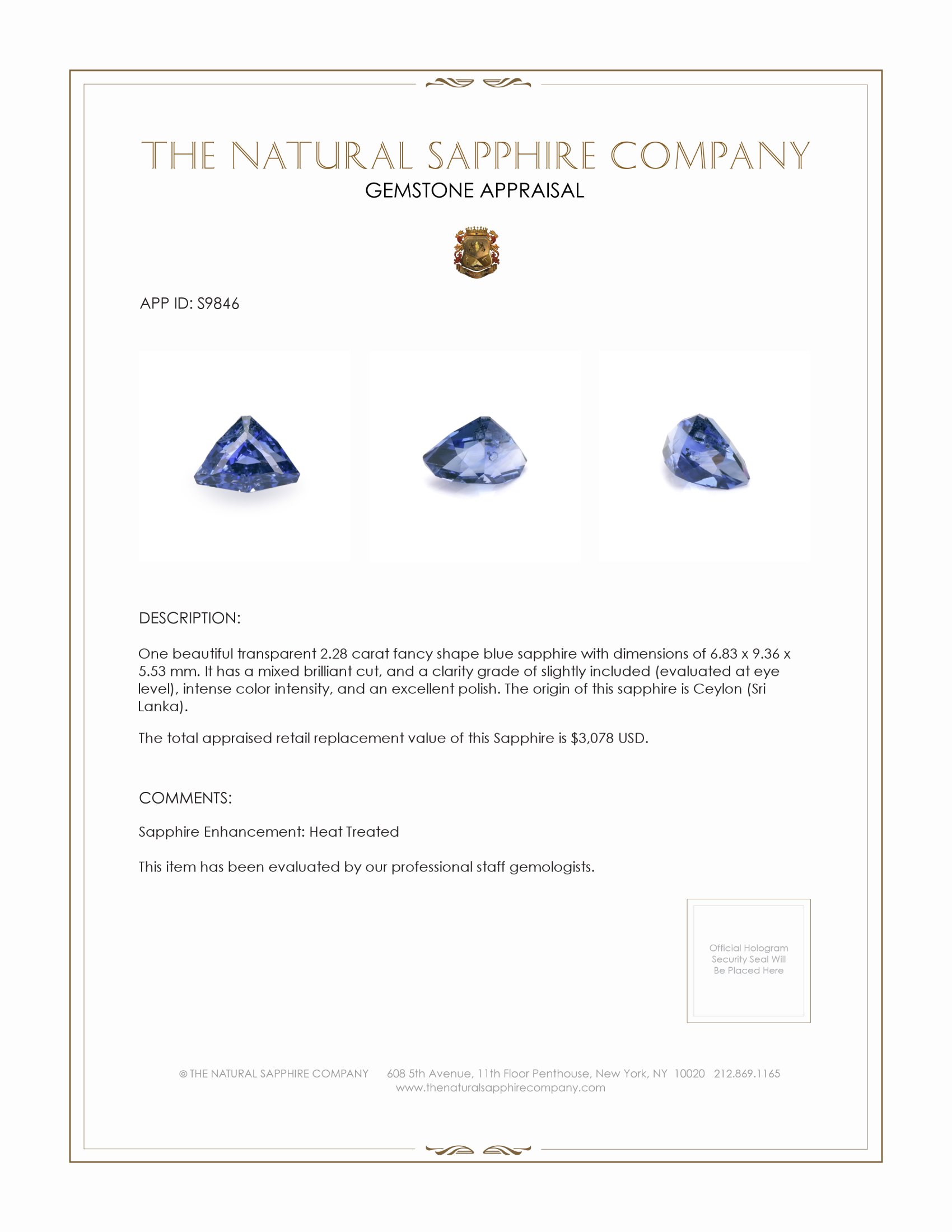 2.28 Ct. Blue Sapphire from Ceylon (Sri Lanka)