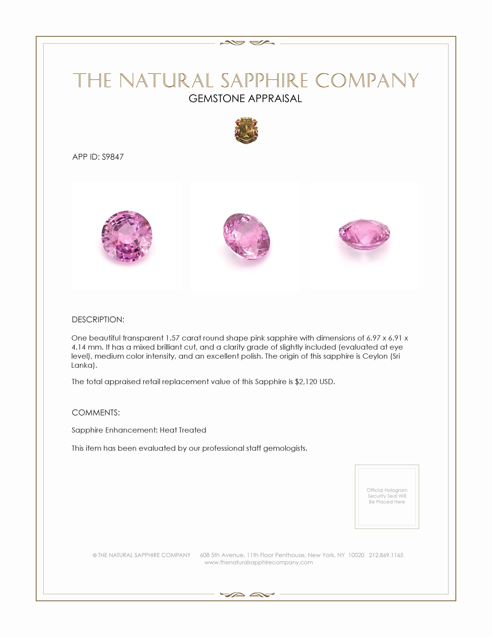 1.57 Ct. Pink Sapphire from Ceylon (Sri Lanka)