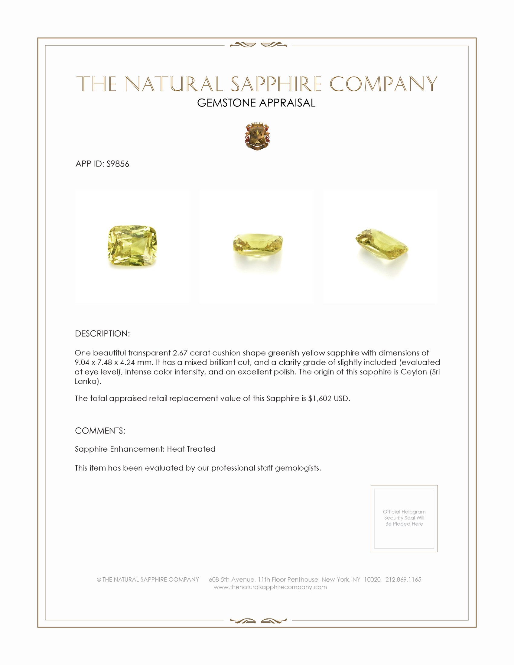 2.67 Ct. Greenish Yellow Sapphire from Ceylon (Sri Lanka)