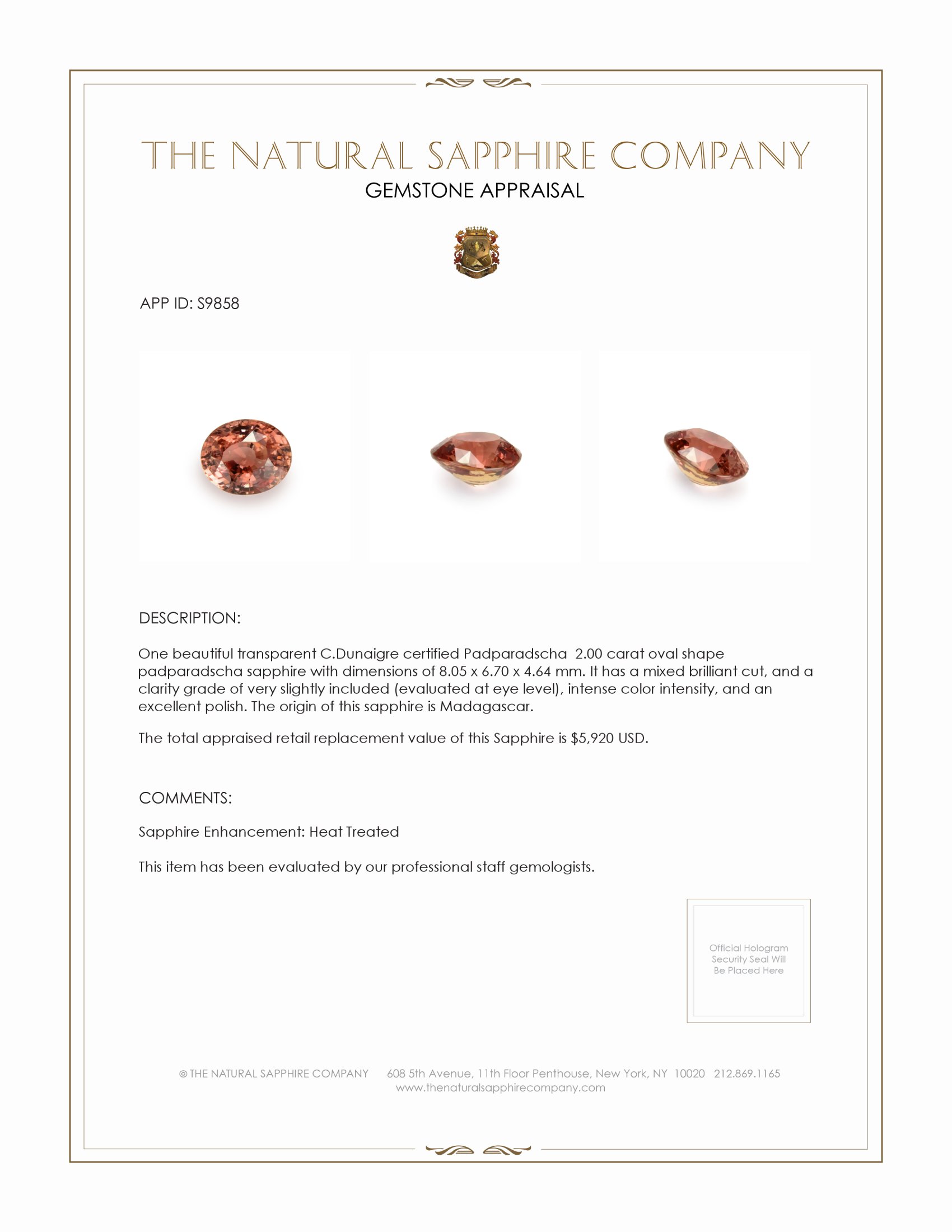 2.00 Ct. Padparadscha Sapphire from Madagascar