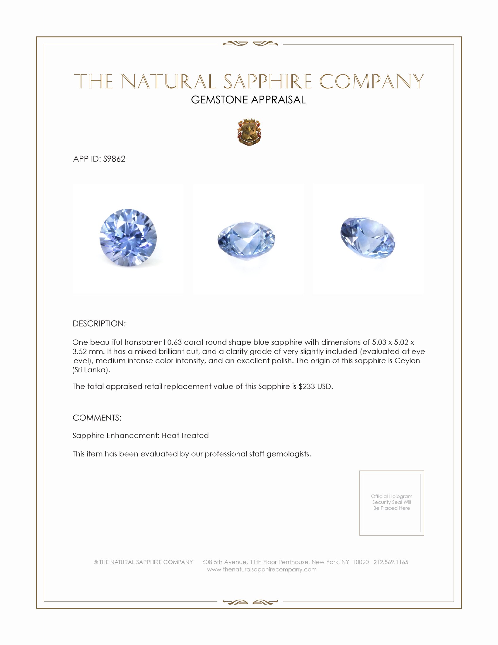 0.63 Ct. Blue Sapphire from Ceylon (Sri Lanka)