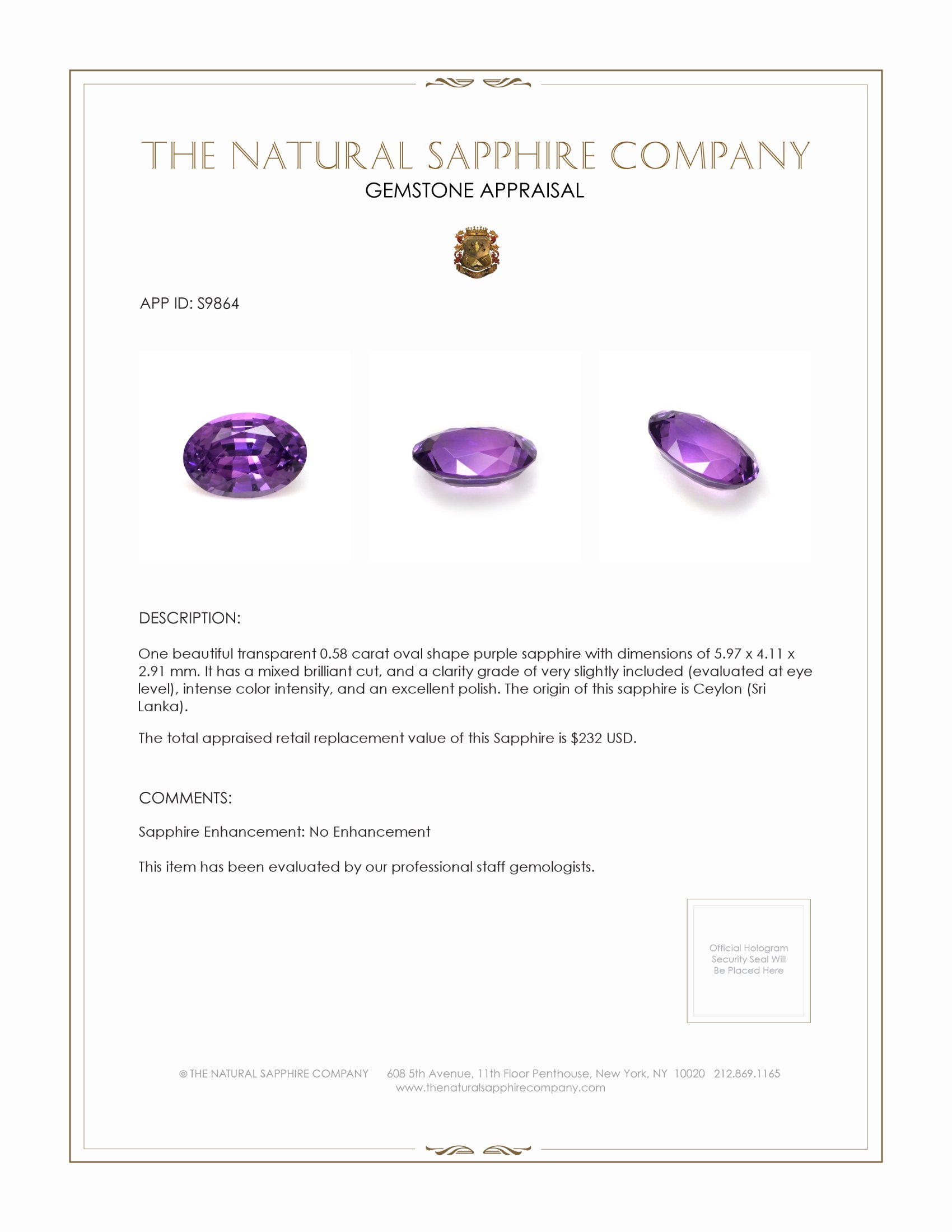 0.58 Ct. Purple Sapphire from Ceylon (Sri Lanka)