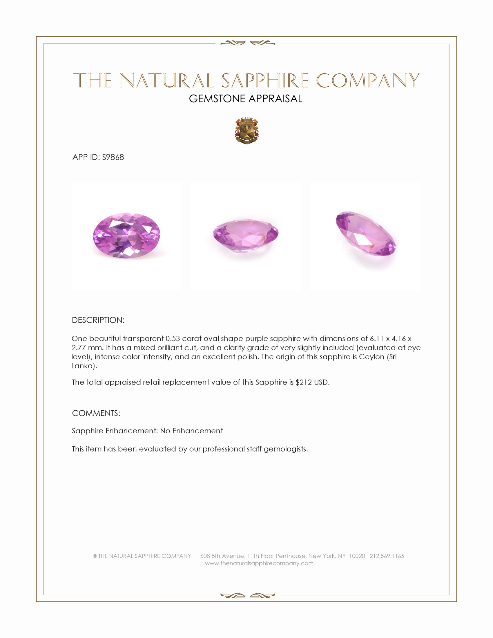 0.53 Ct. Purple Sapphire from Ceylon (Sri Lanka)