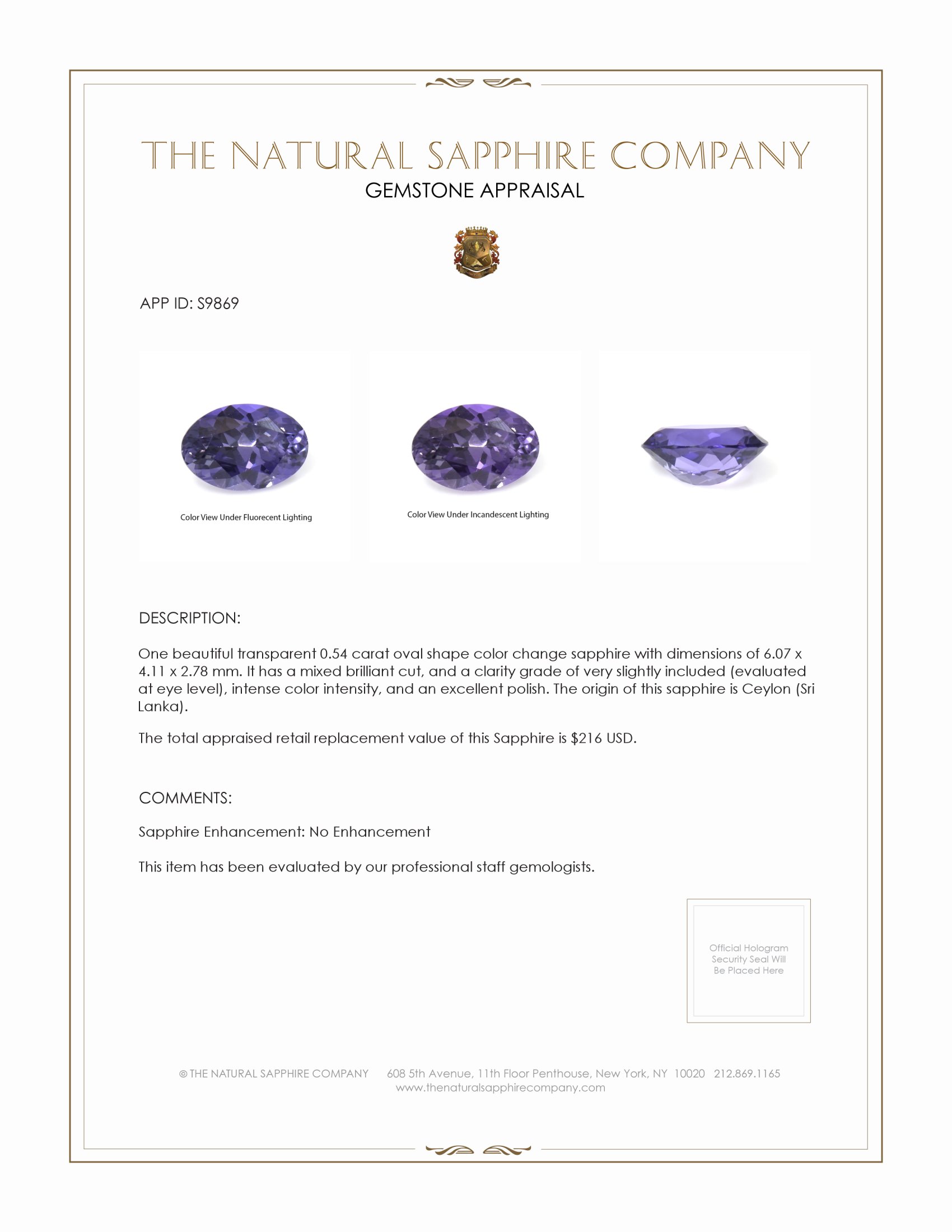 0.54 Ct. Color Change Sapphire from Ceylon (Sri Lanka)