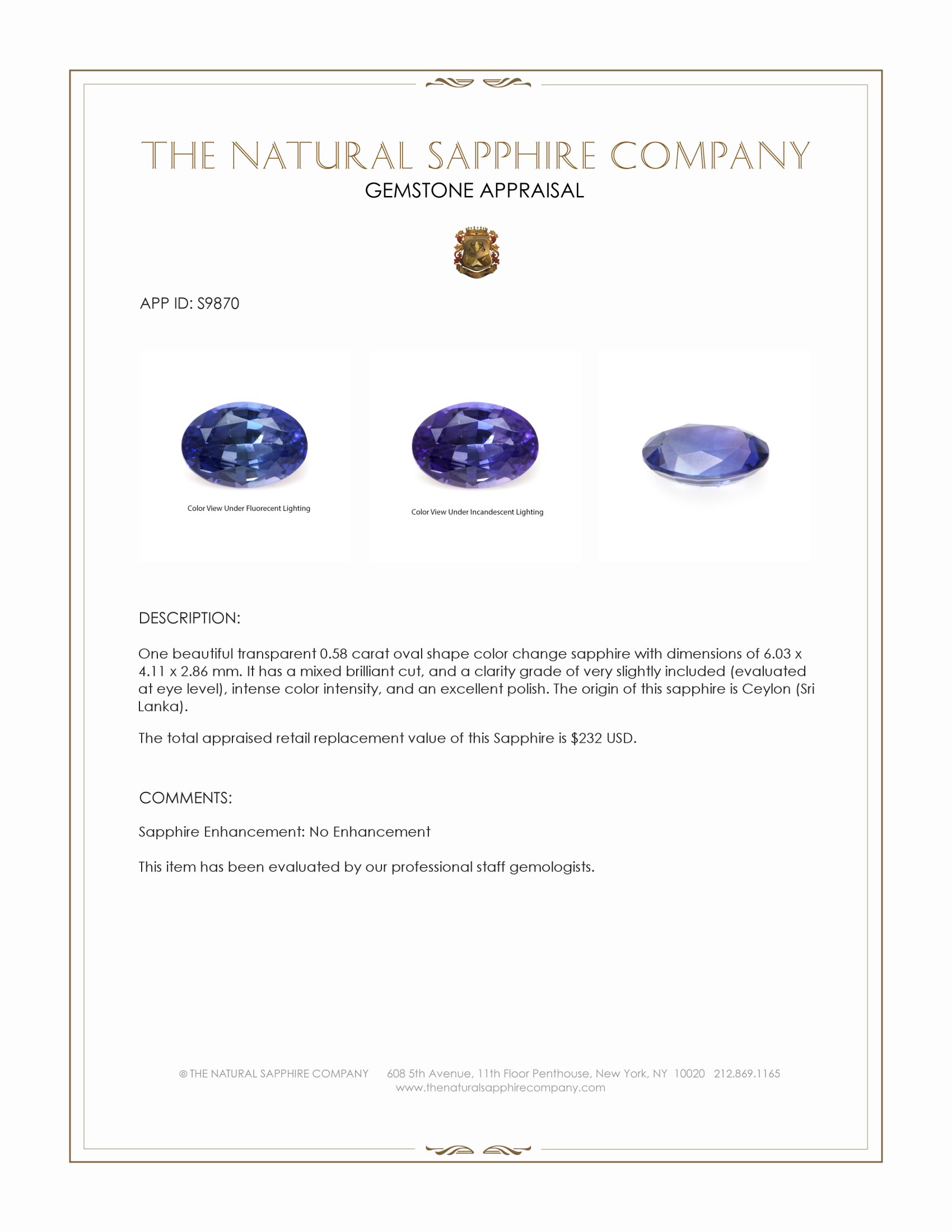 0.58 Ct. Color Change Sapphire from Ceylon (Sri Lanka)