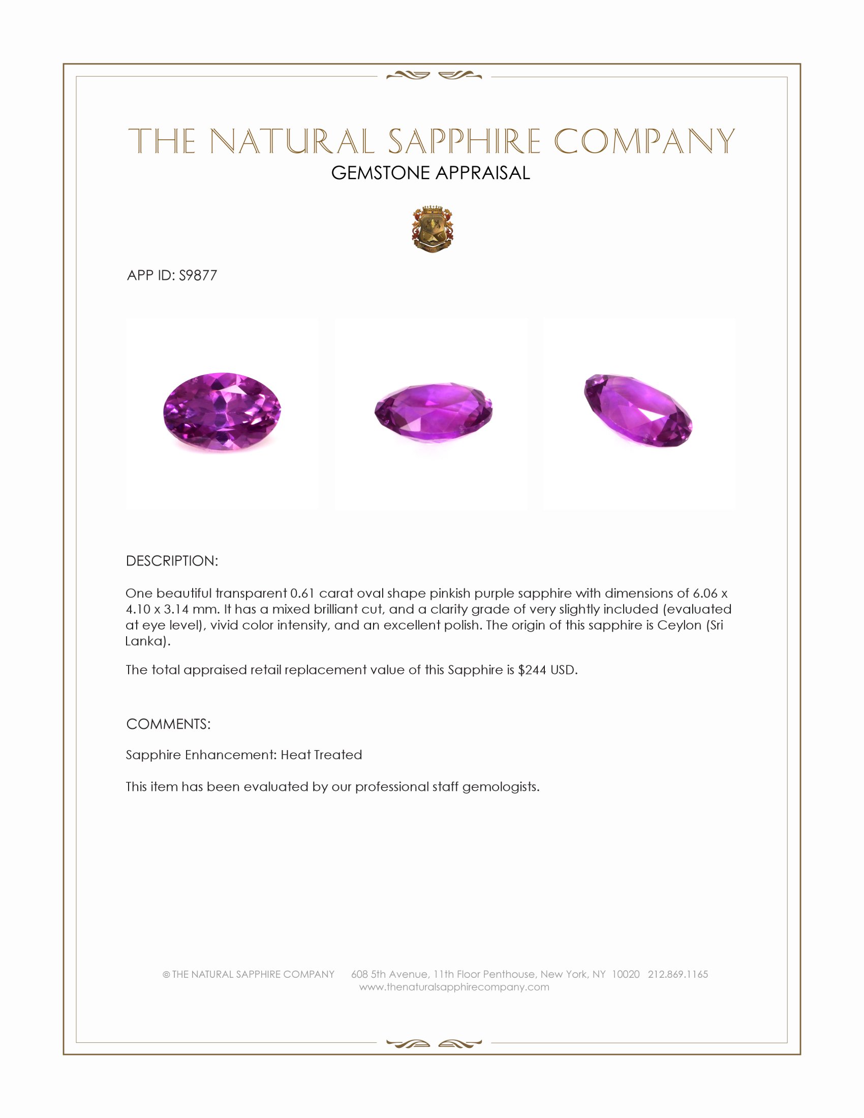 0.61 Ct. Pinkish Purple Sapphire from Ceylon (Sri Lanka)
