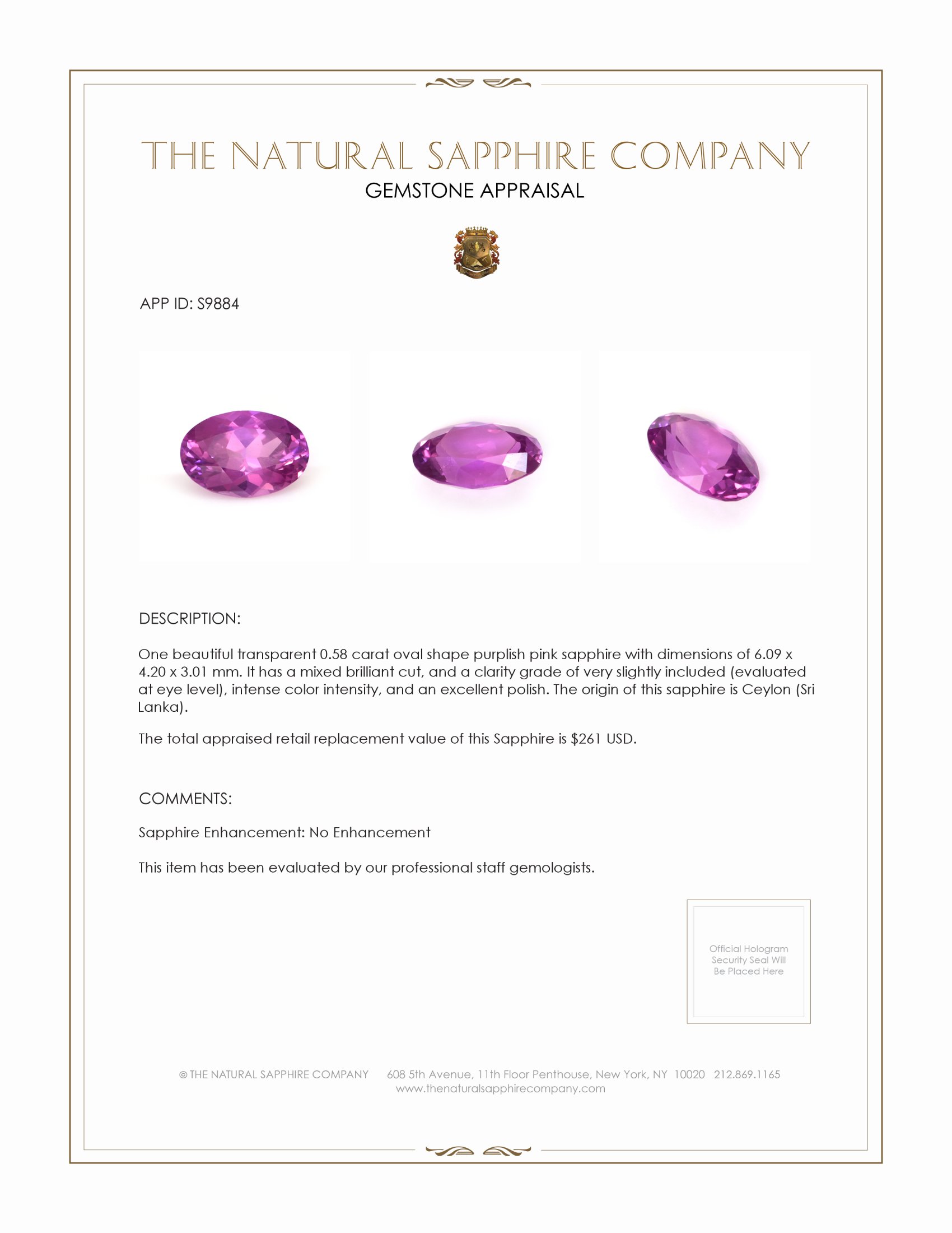 0.58 Ct. Purplish Pink Sapphire from Ceylon (Sri Lanka)