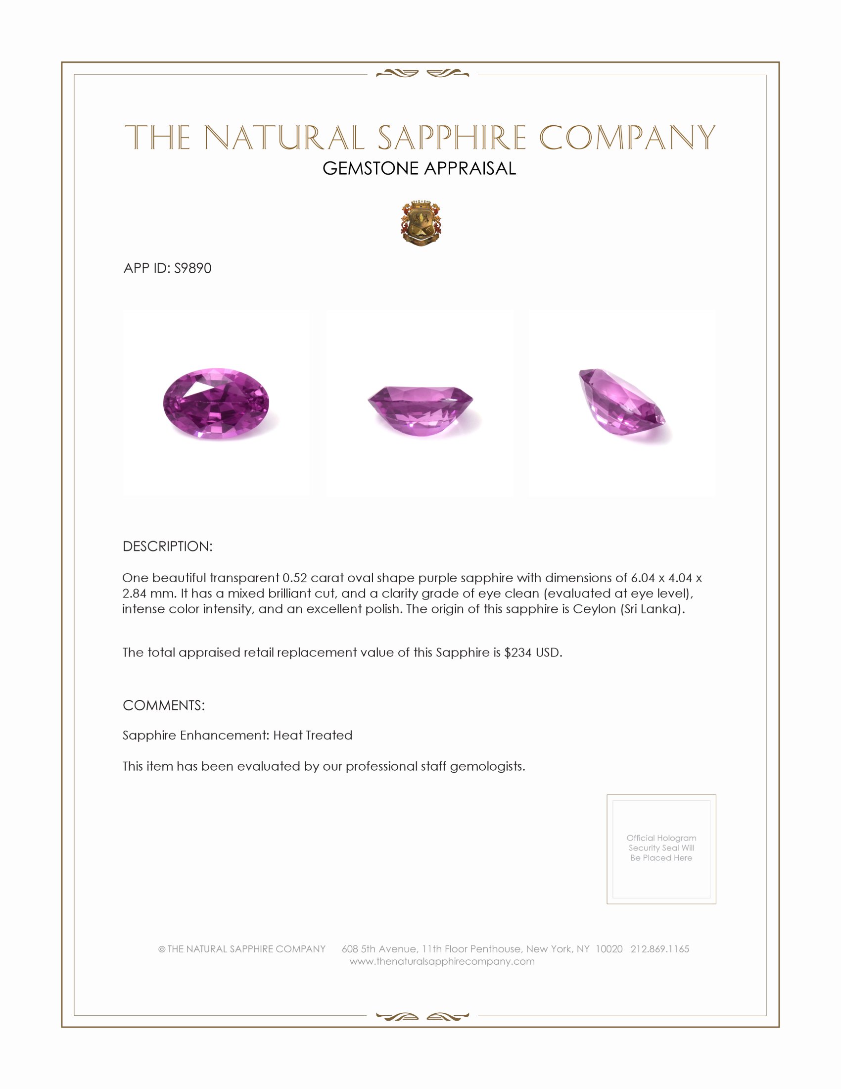 0.52 Ct. Purple Sapphire from Ceylon (Sri Lanka)