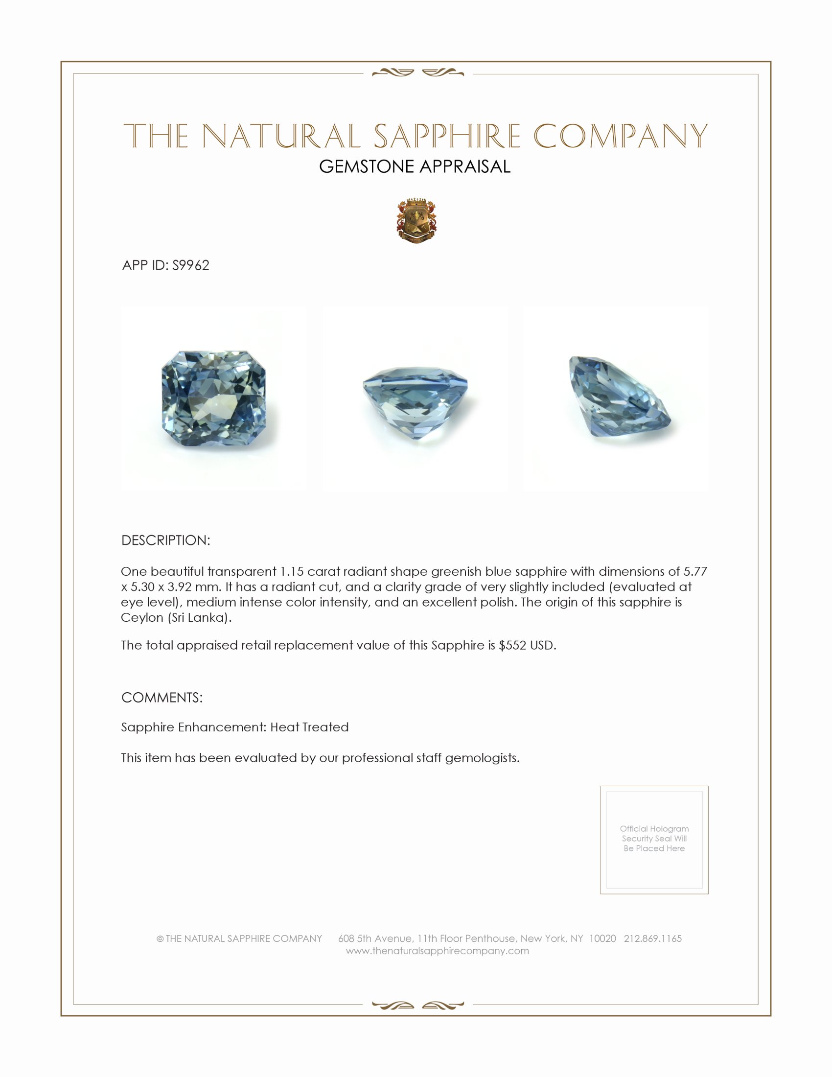 1.15 Ct. Greenish Blue Sapphire from Ceylon (Sri Lanka)