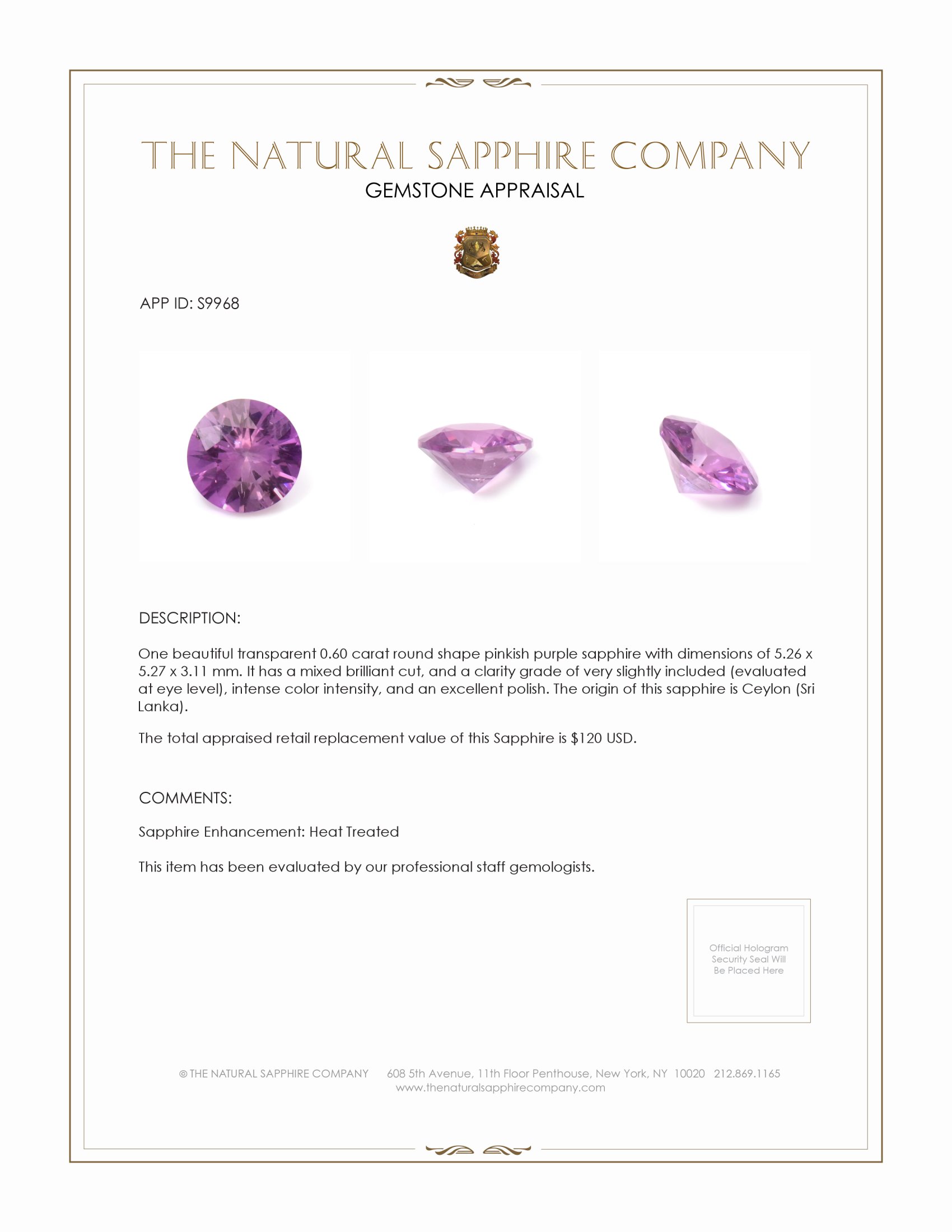 0.60 Ct. Pinkish Purple Sapphire from Ceylon (Sri Lanka)