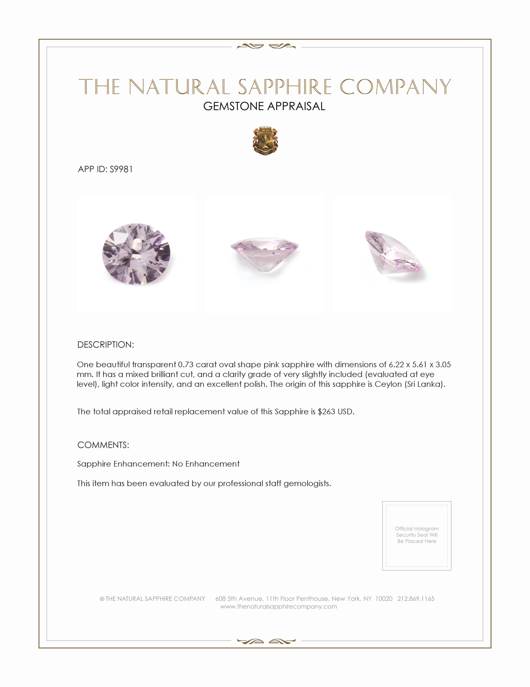 0.73 Ct. Pink Sapphire from Ceylon (Sri Lanka)