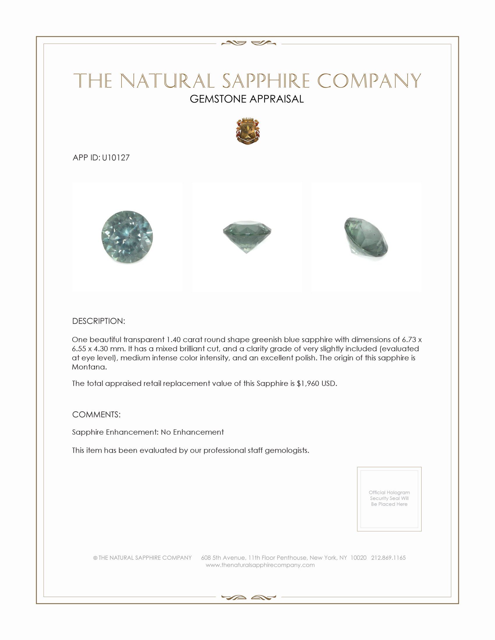 1.40 Ct. Greenish Blue Sapphire from Montana
