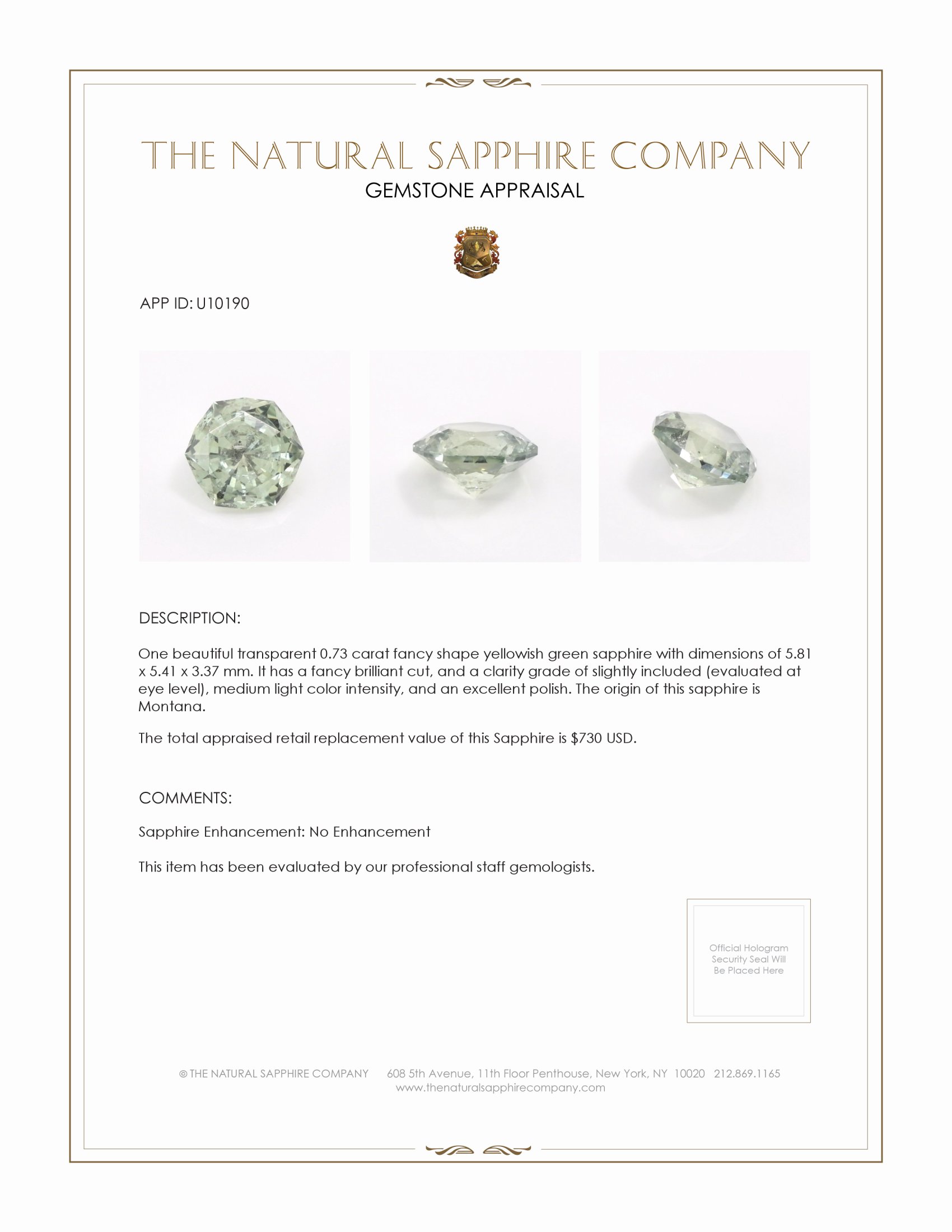 0.73 Ct. Yellowish Green Sapphire from Montana