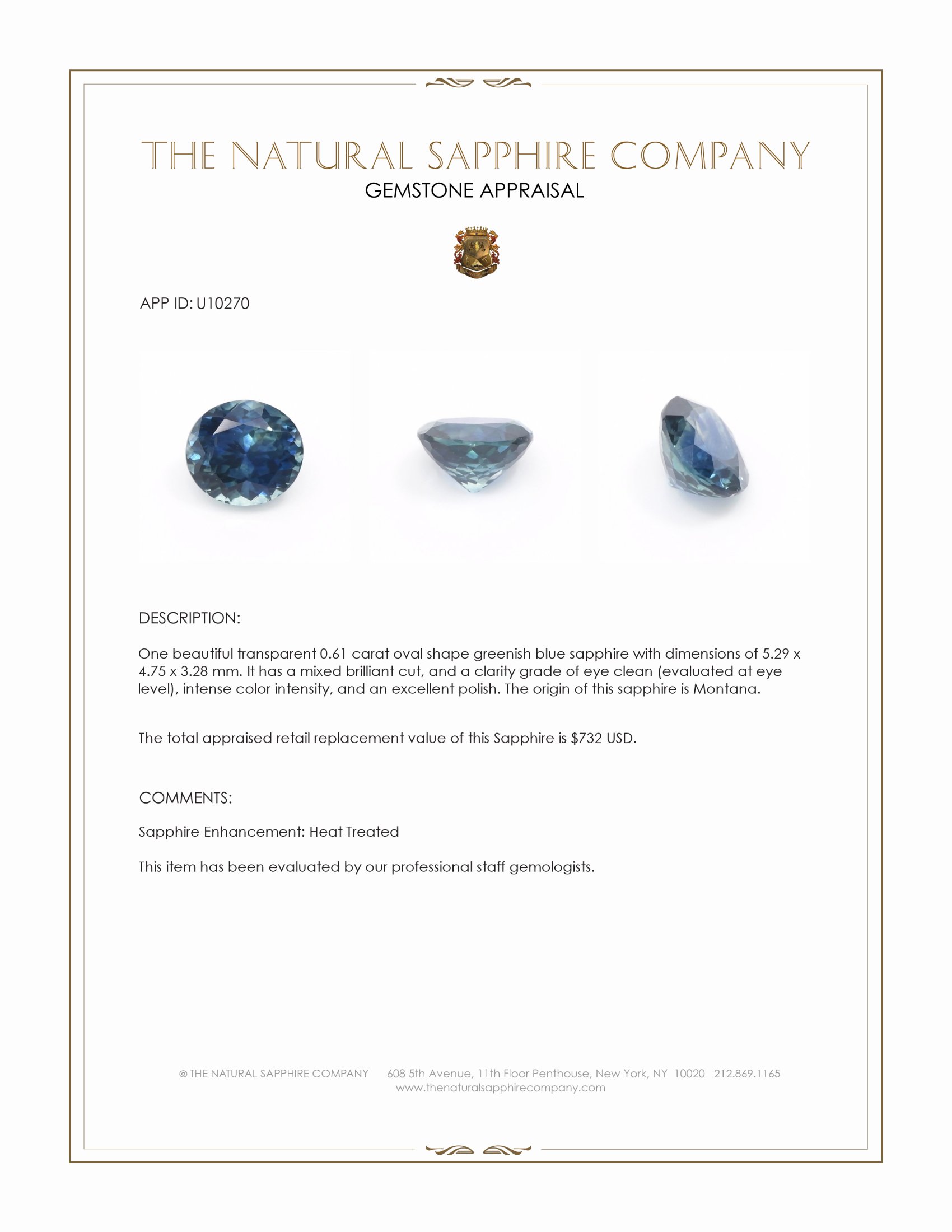 0.61 Ct. Greenish Blue Sapphire from Montana
