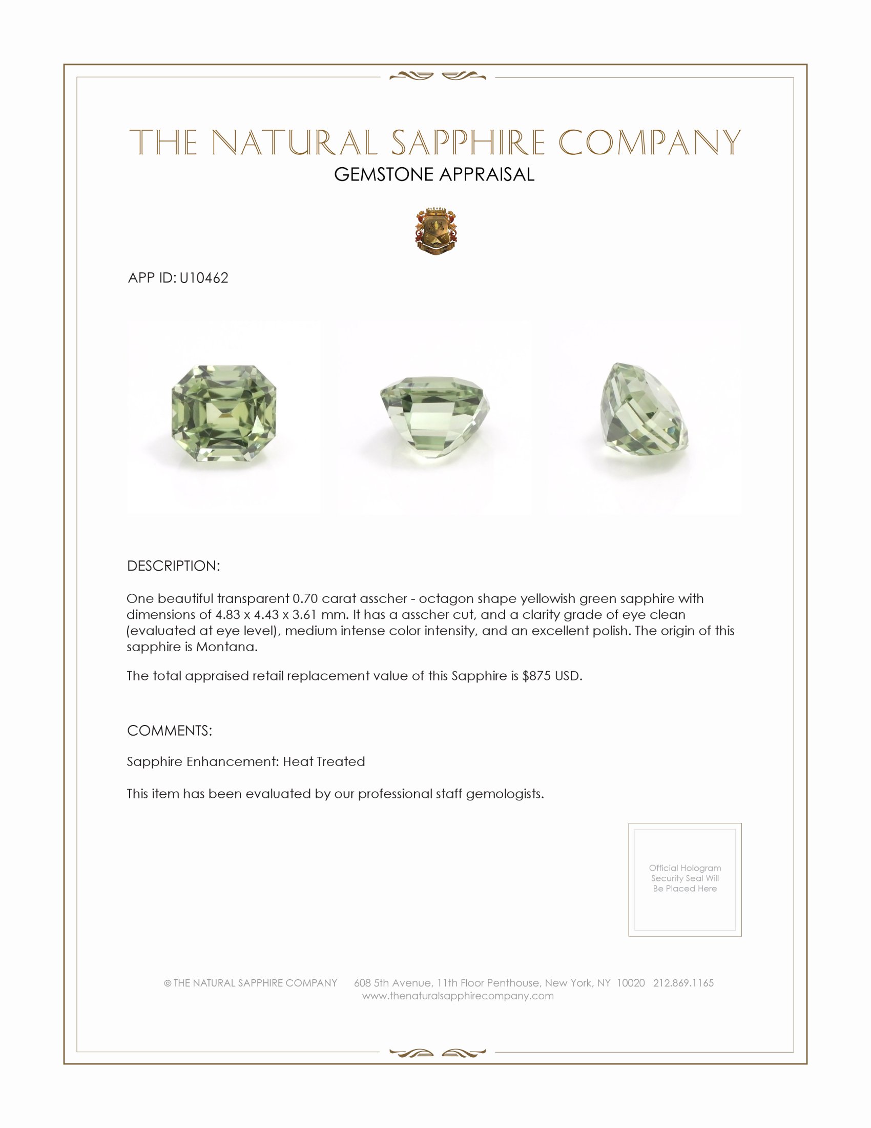 0.70 Ct. Yellowish Green Sapphire from Montana