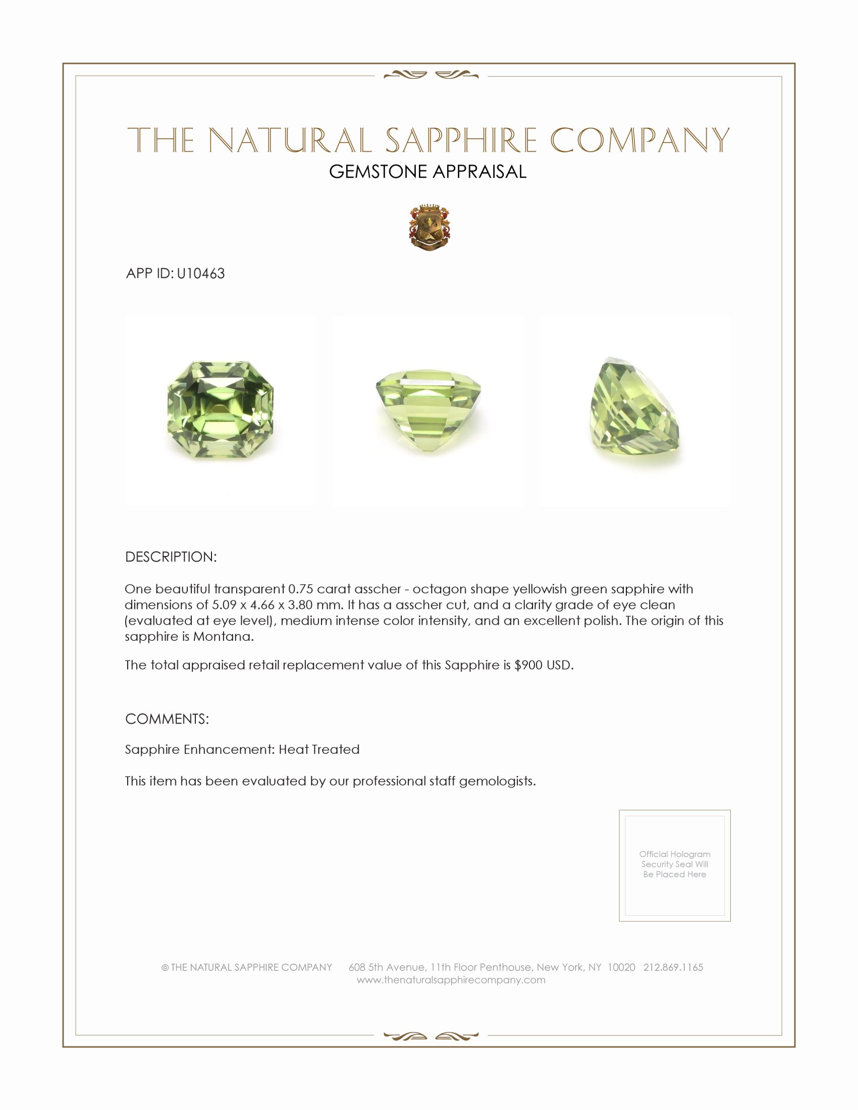 0.75 Ct. Yellowish Green Sapphire from Montana