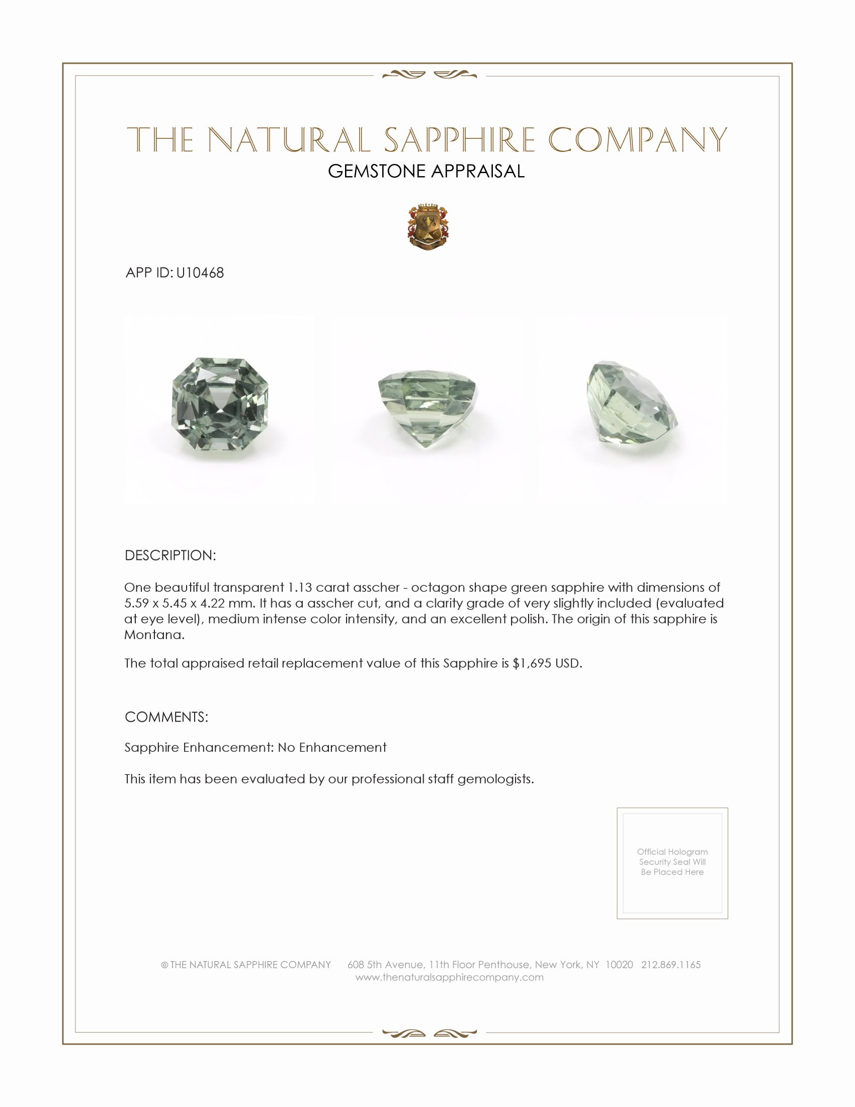 1.13 Ct. Green Sapphire from Montana