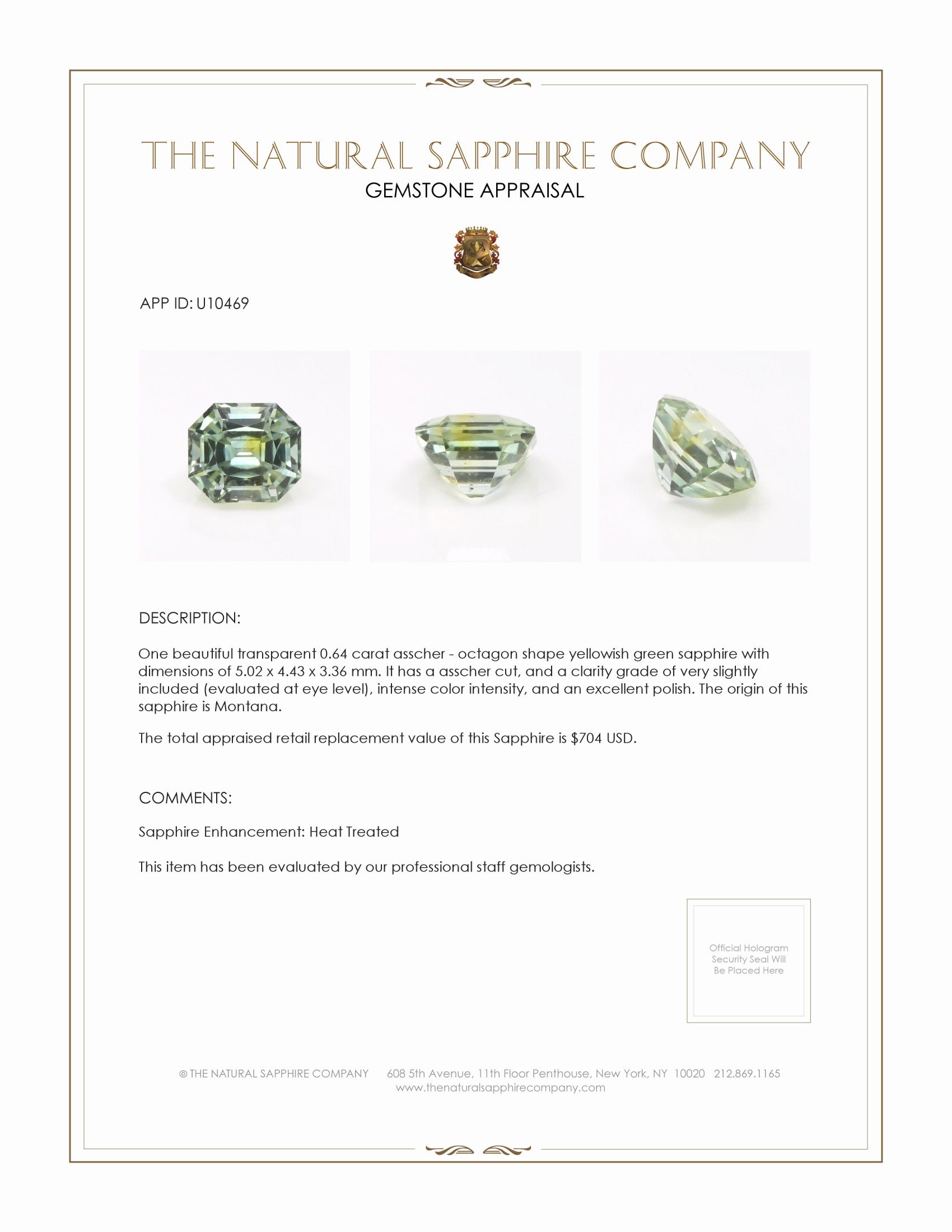 0.64 Ct. Yellowish Green Sapphire from Montana