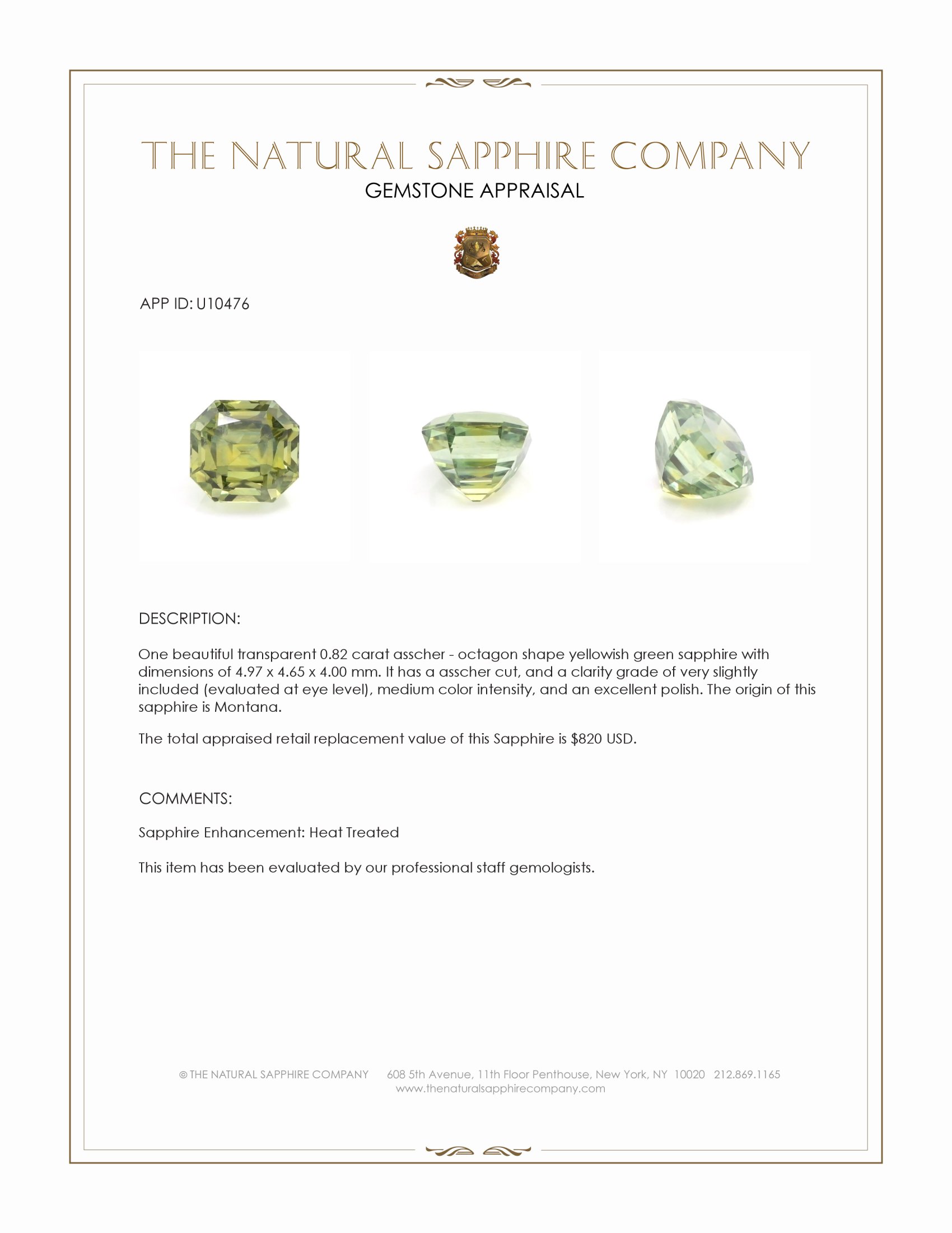 0.82 Ct. Yellowish Green Sapphire from Montana