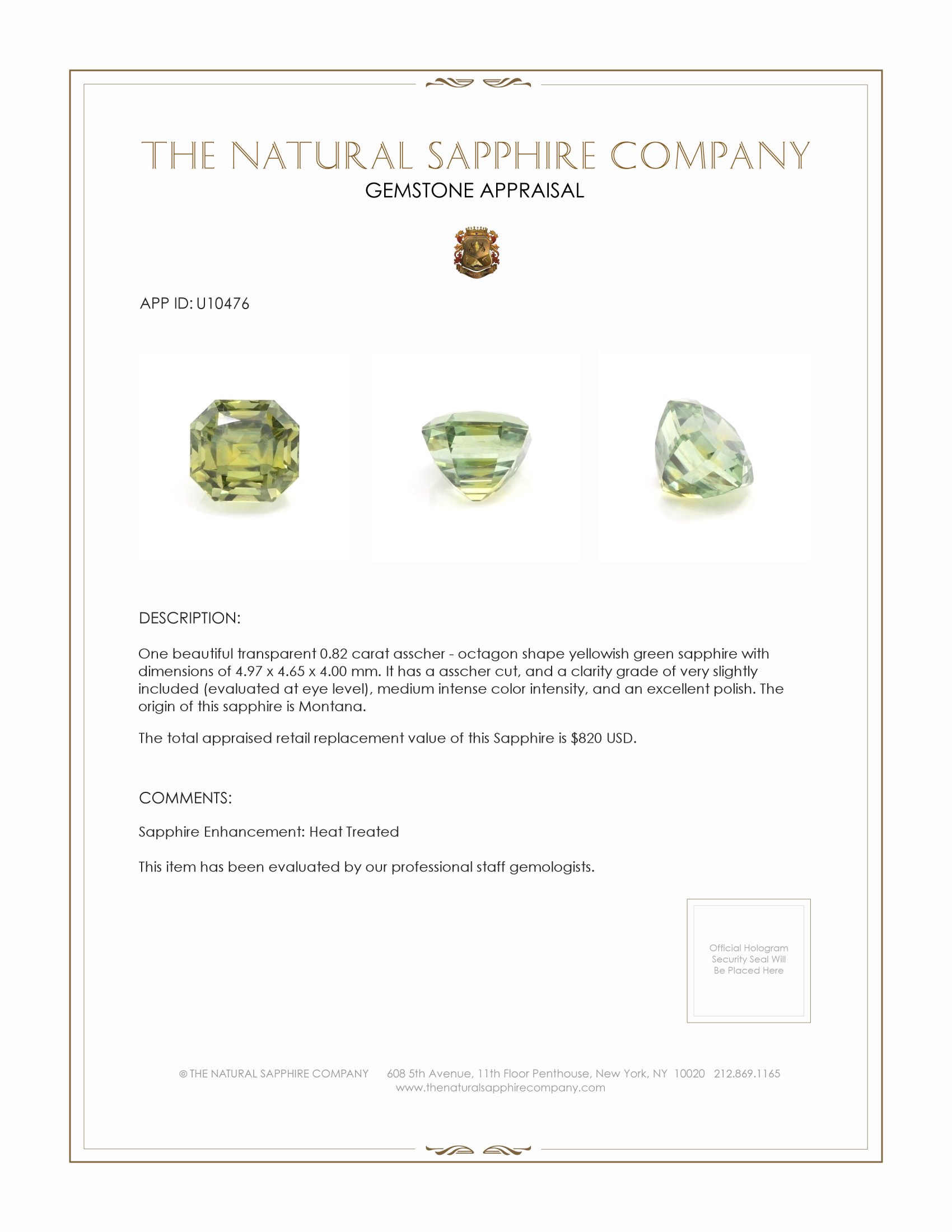 0.82 Ct. Yellowish Green Sapphire from Montana