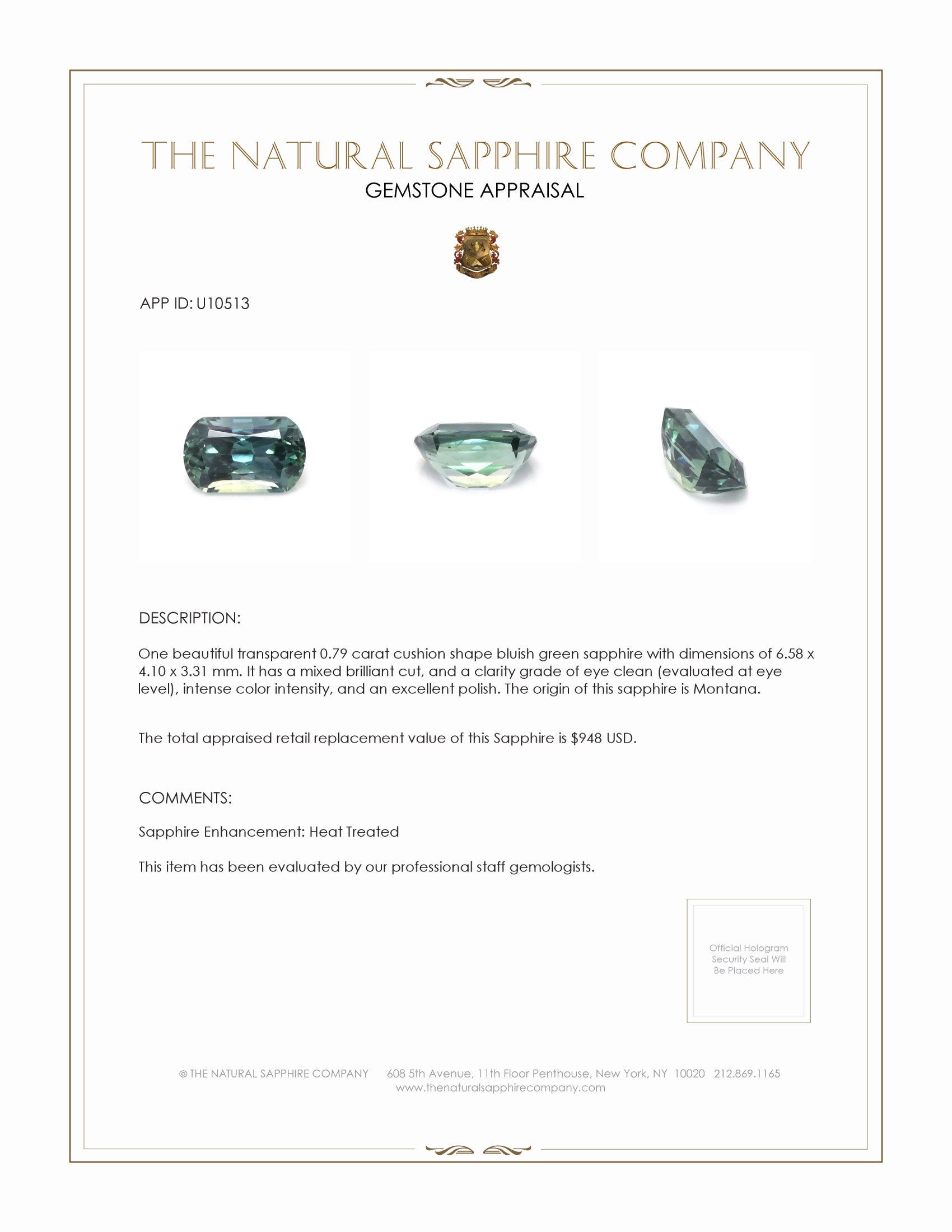 0.79 Ct. Bluish Green Sapphire from Montana