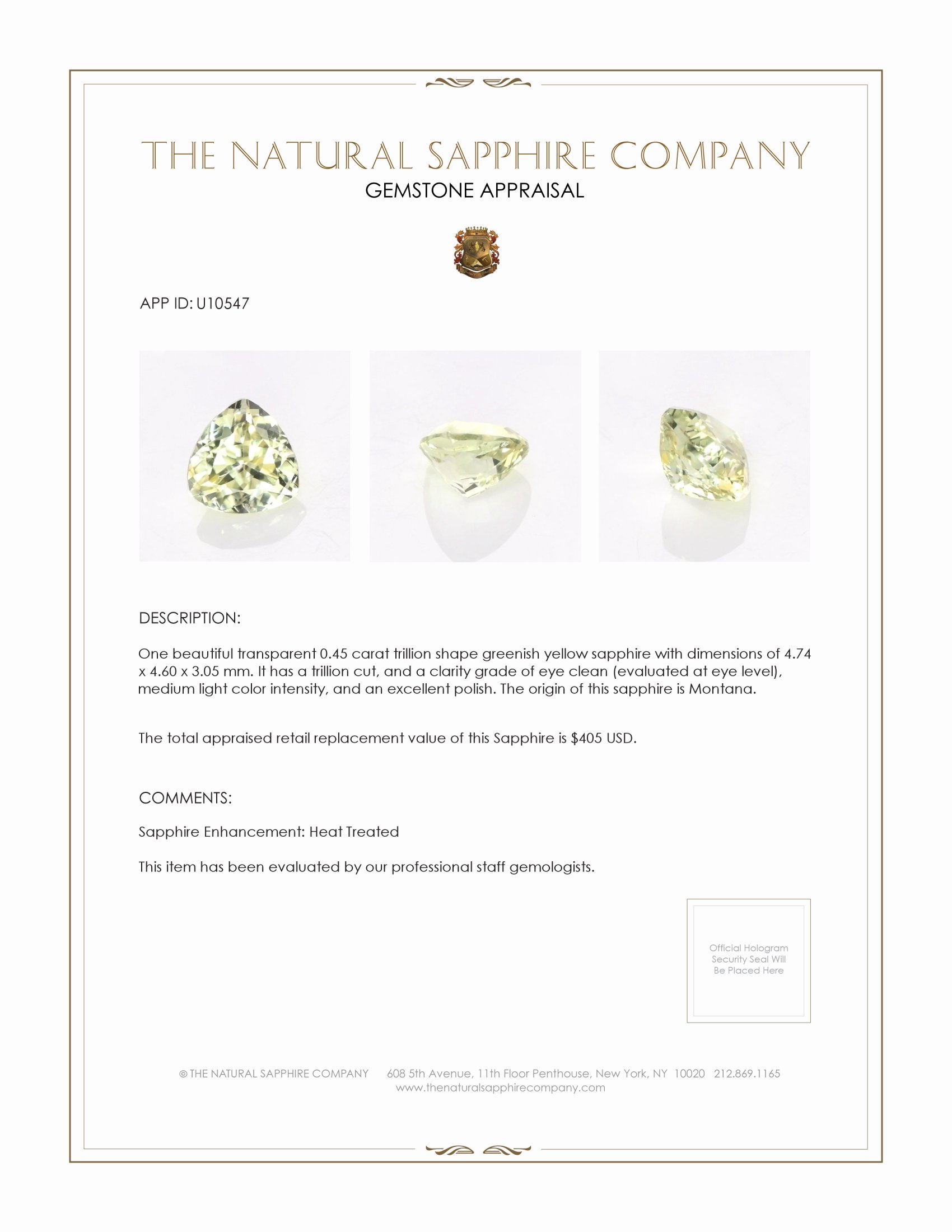 0.45 Ct. Greenish Yellow Sapphire from Montana