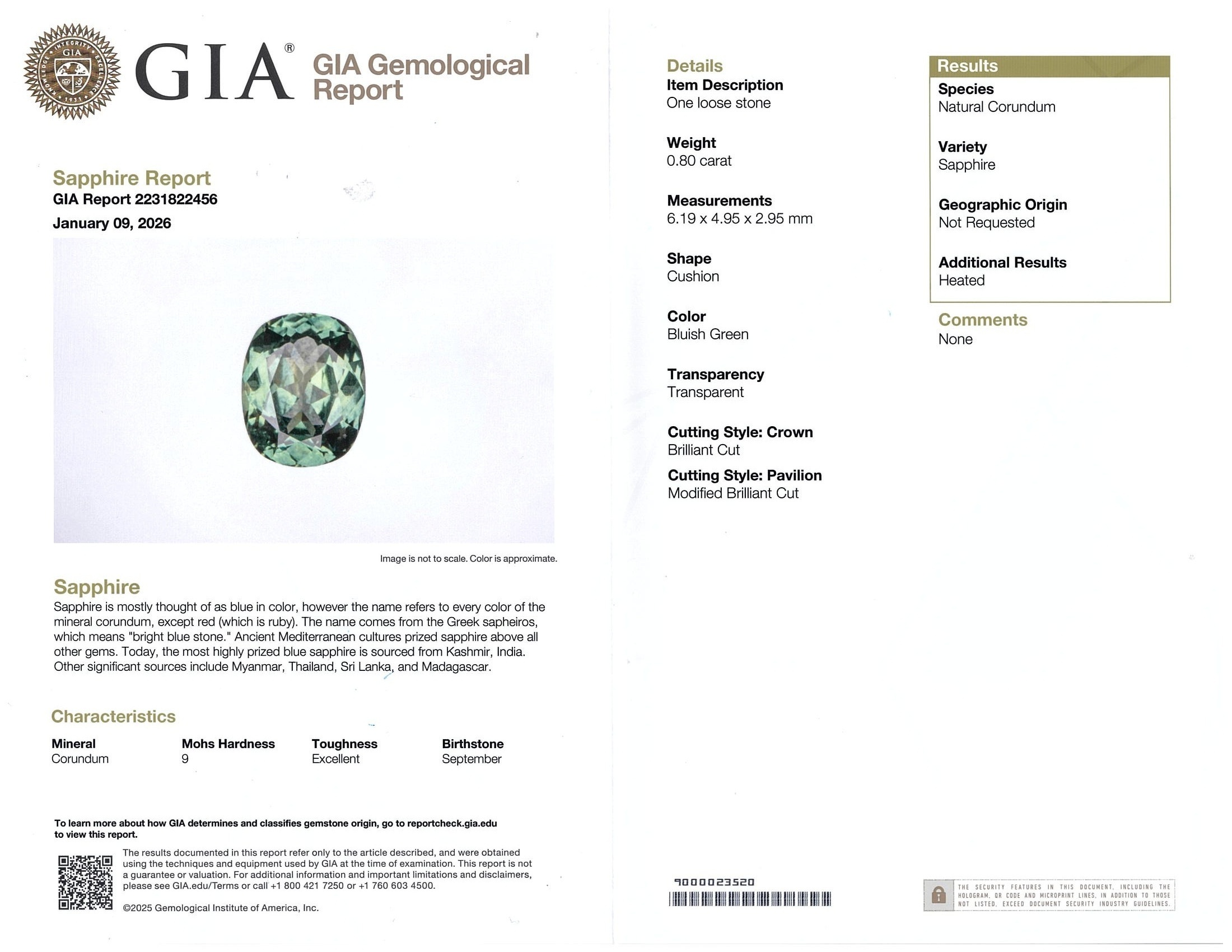 0.81 Ct. Green Sapphire from Montana