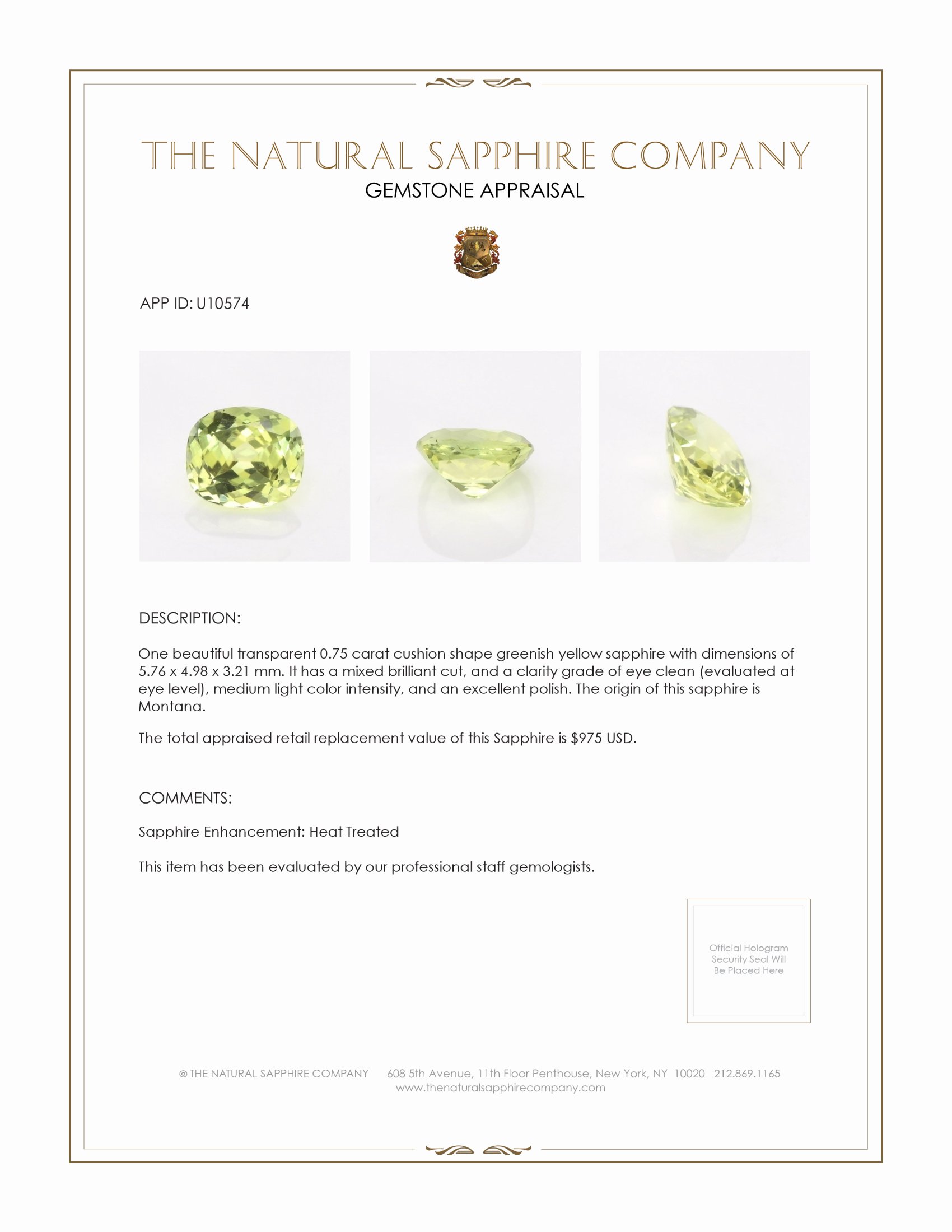0.75 Ct. Greenish Yellow Sapphire from Montana