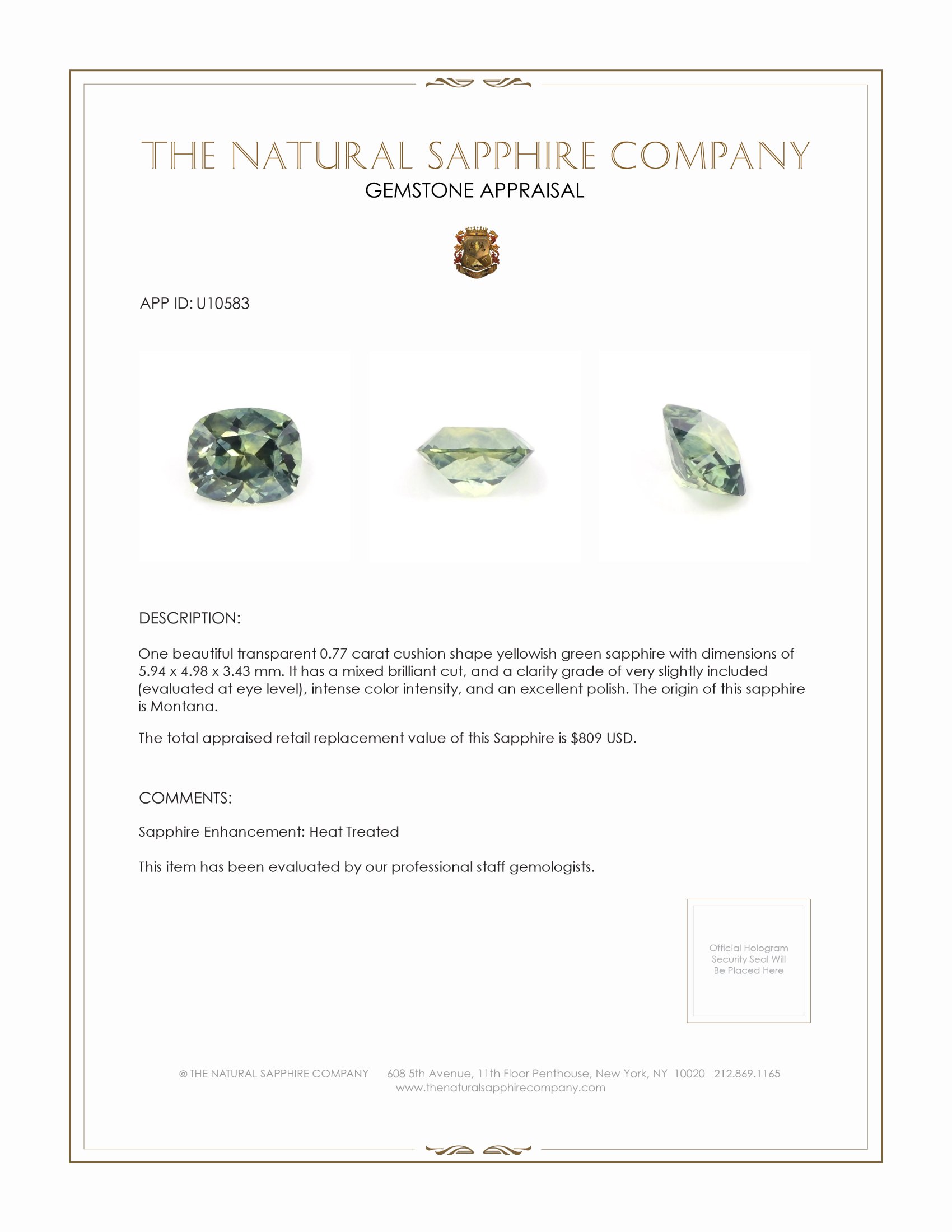 0.77 Ct. Yellowish Green Sapphire from Montana