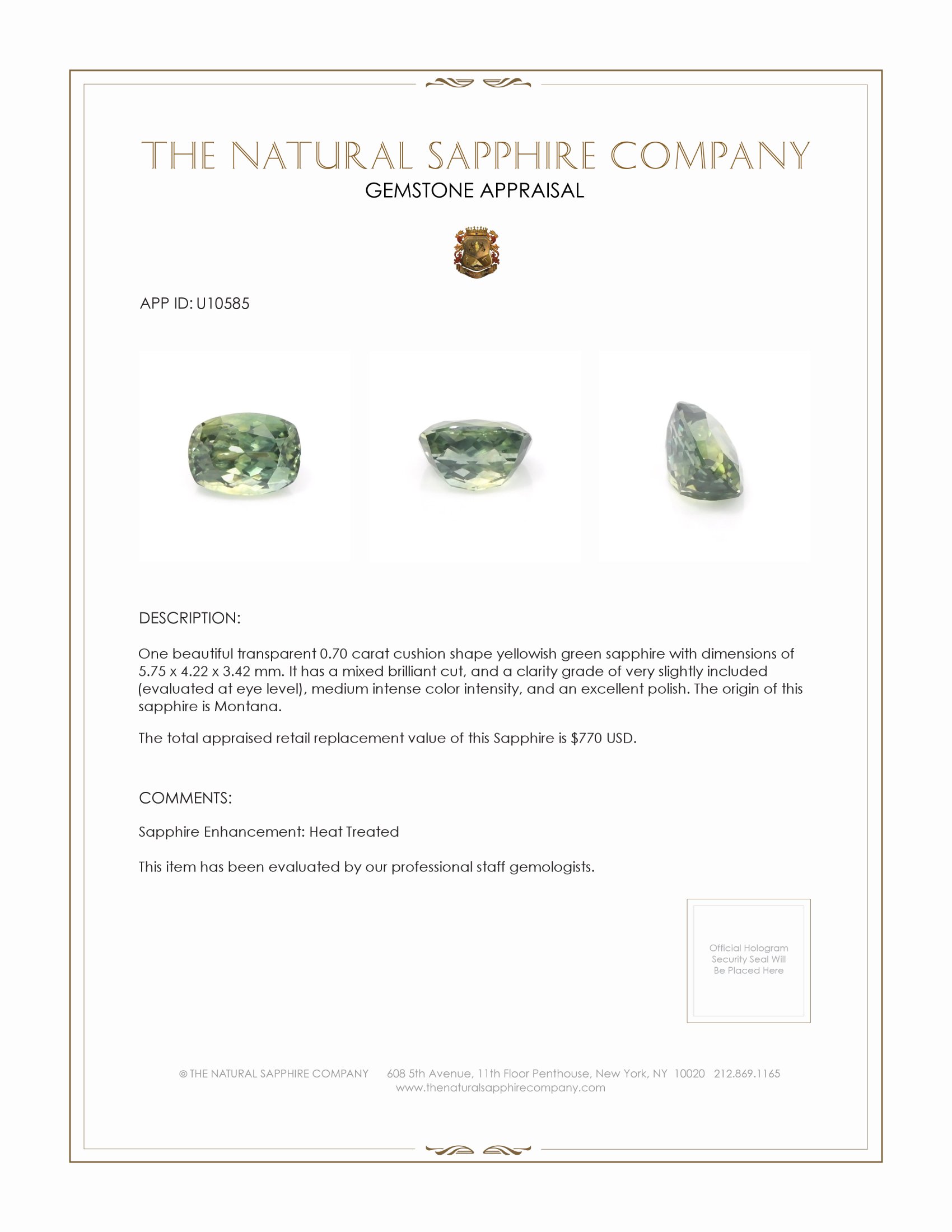 0.70 Ct. Yellowish Green Sapphire from Montana