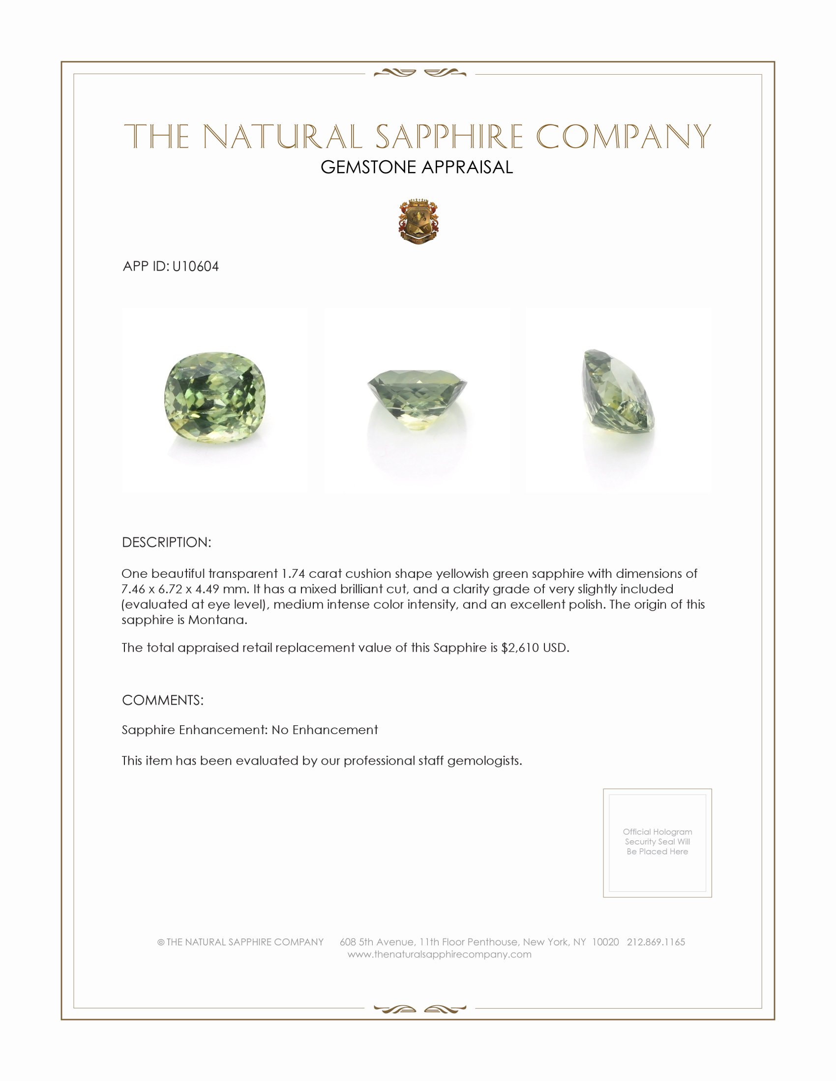 1.74 Ct. Yellowish Green Sapphire from Montana