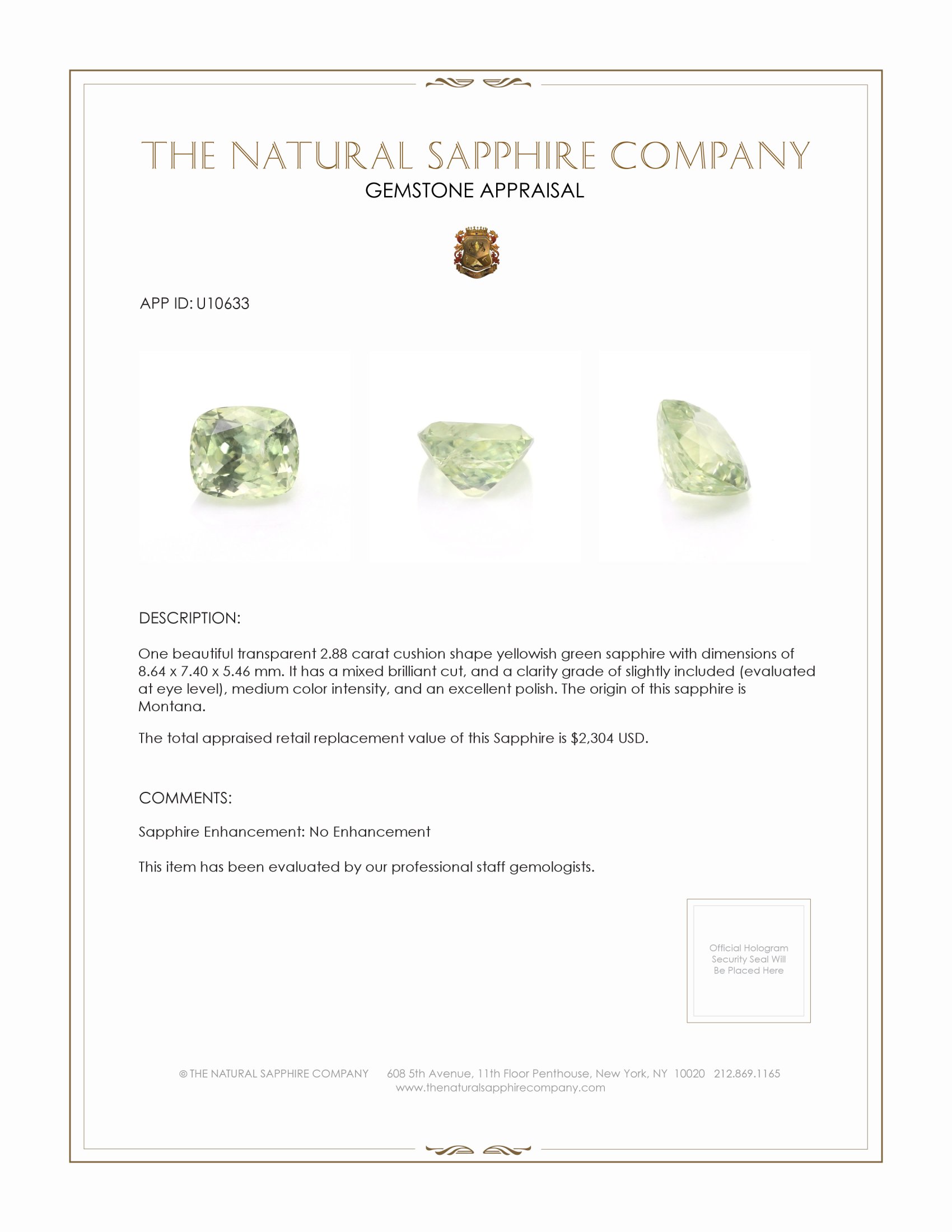 2.88 Ct. Yellowish Green Sapphire from Montana
