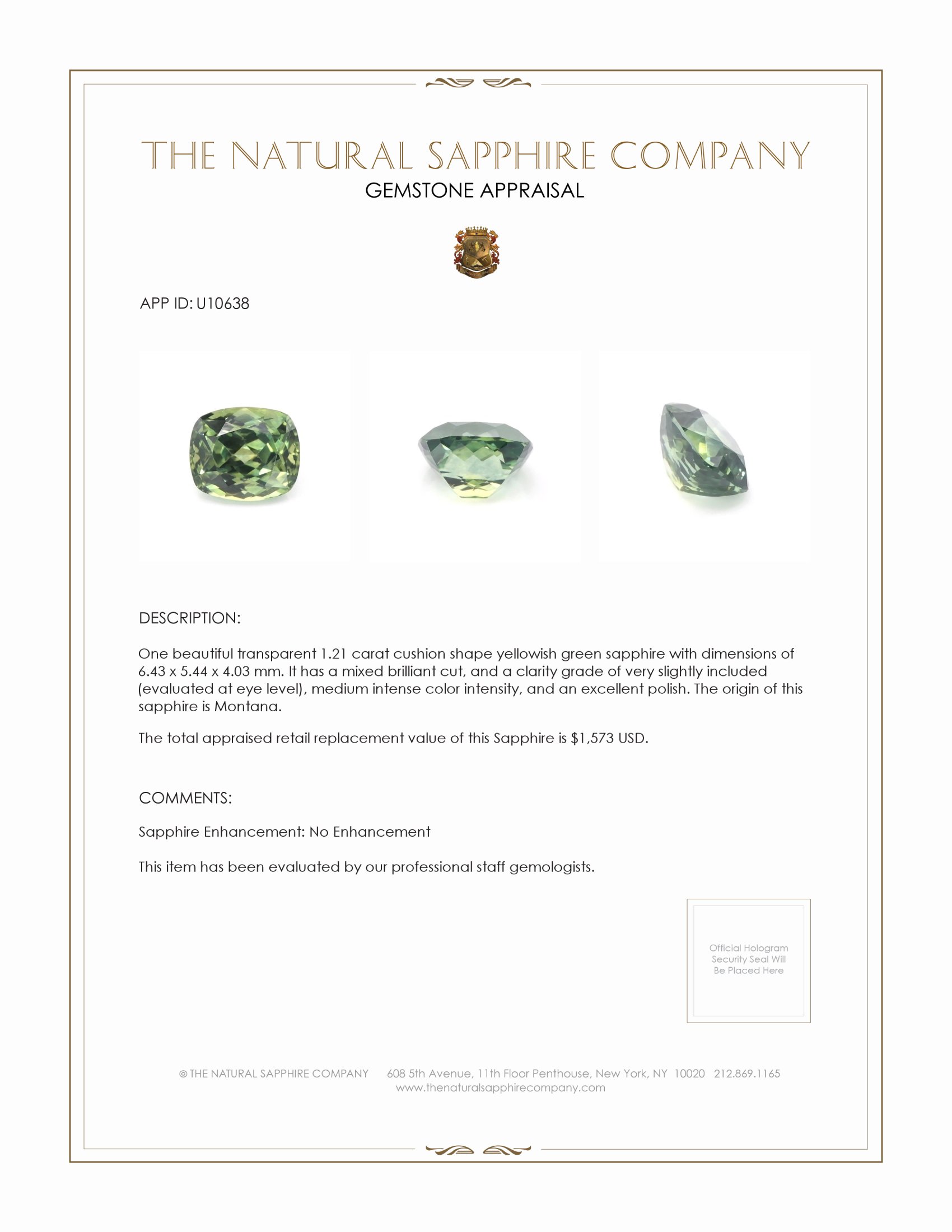 1.21 Ct. Yellowish Green Sapphire from Montana