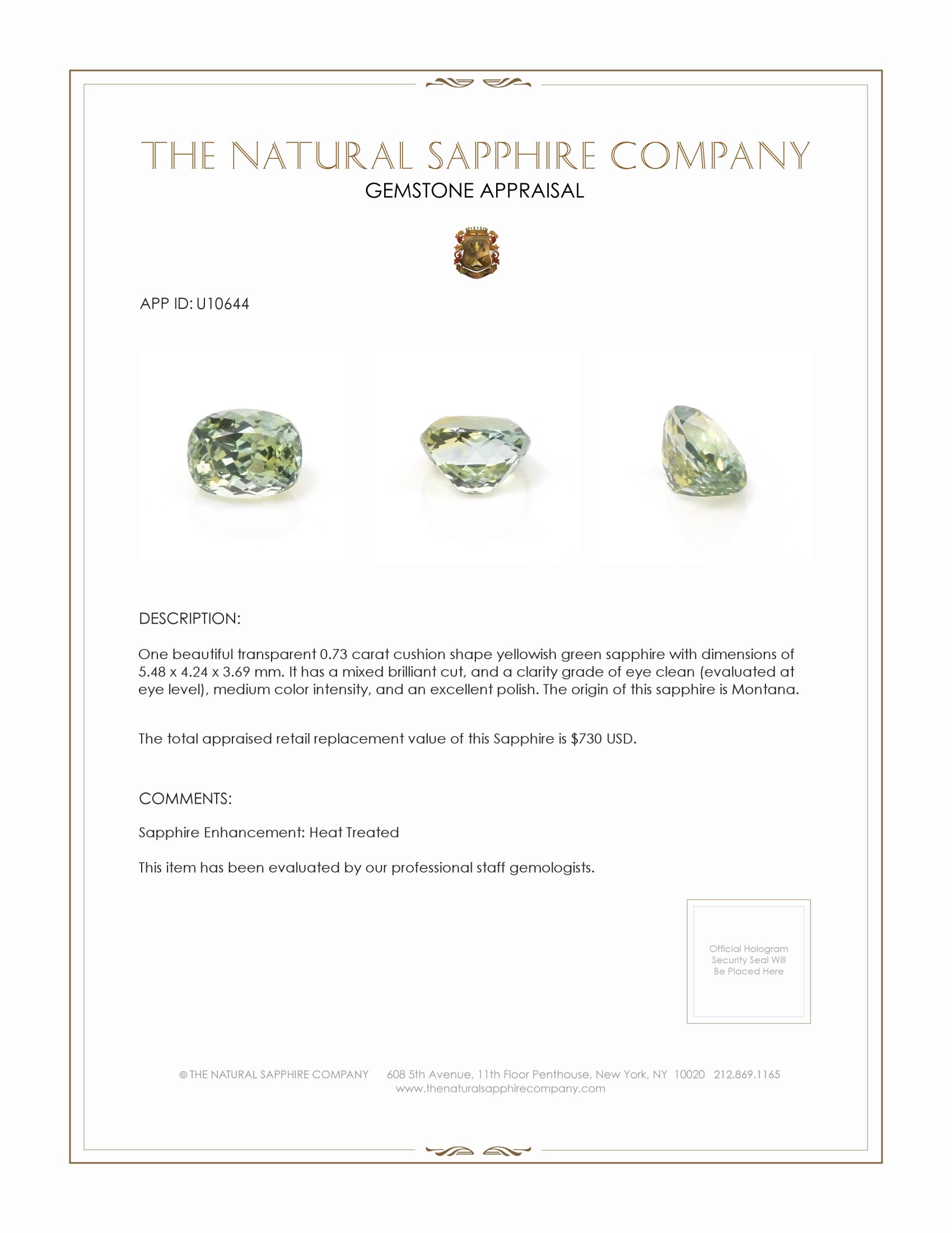 0.73 Ct. Yellowish Green Sapphire from Montana
