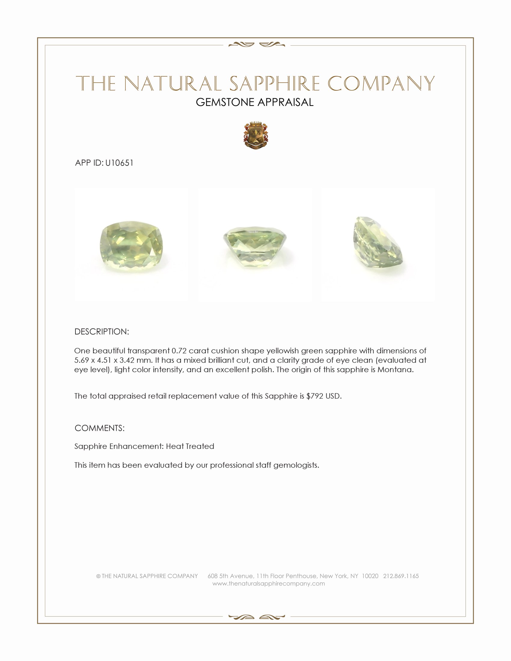 0.72 Ct. Yellowish Green Sapphire from Montana