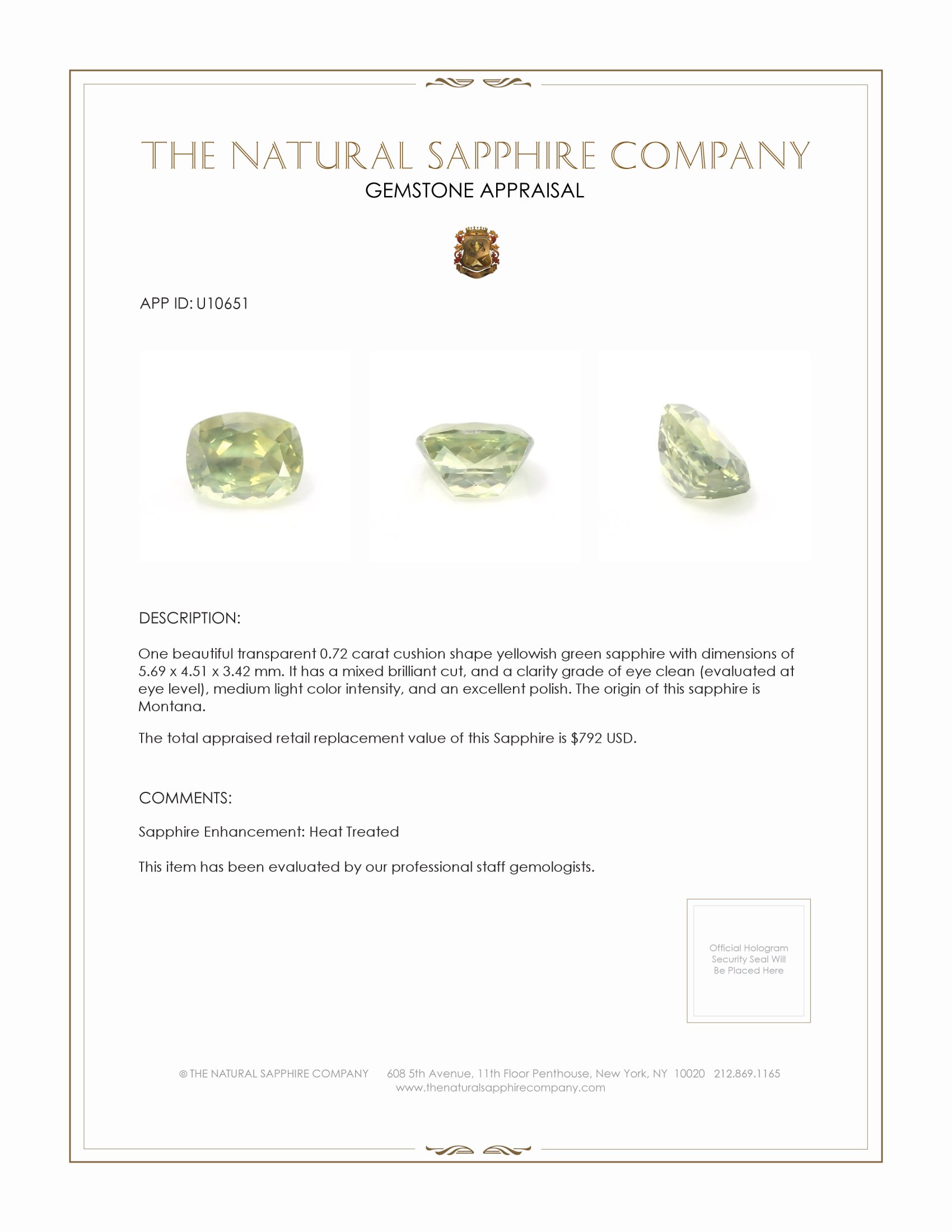 0.72 Ct. Yellowish Green Sapphire from Montana