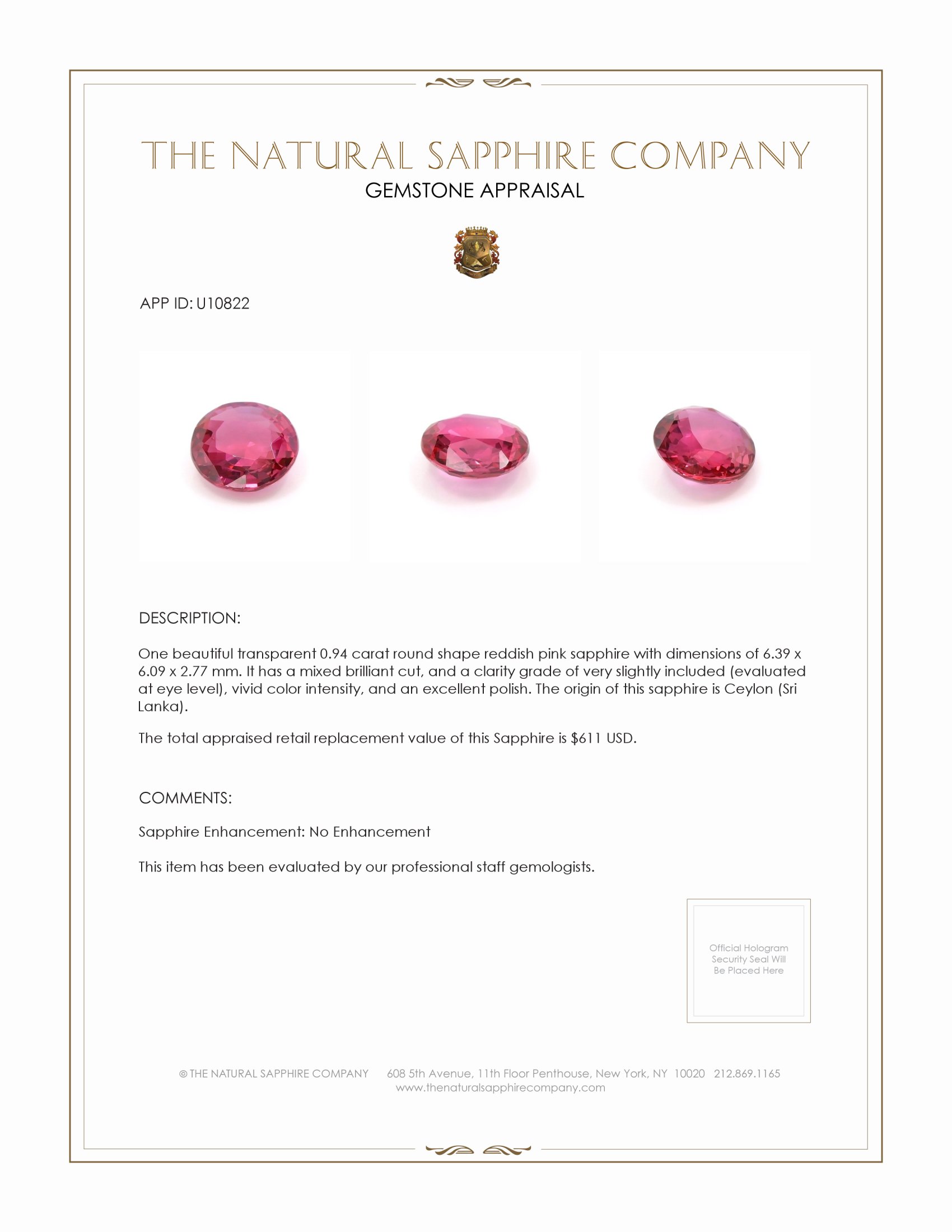 0.94 Ct. Reddish Pink Sapphire from Ceylon (Sri Lanka)