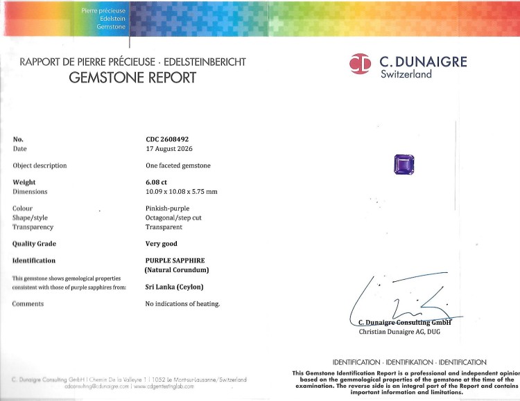 6.08 Ct. Purple Sapphire from Ceylon (Sri Lanka)