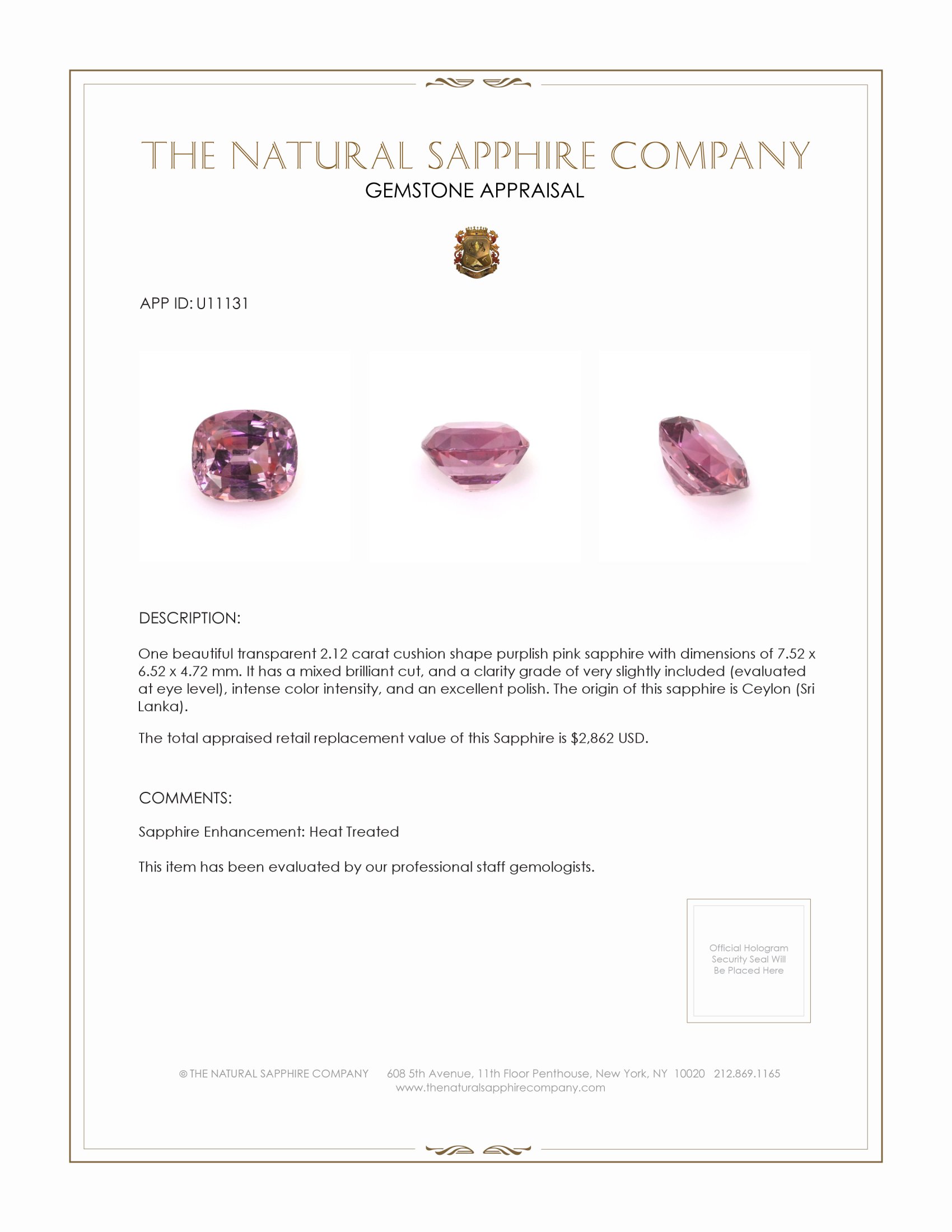 2.12 Ct. Purplish Pink Sapphire from Ceylon (Sri Lanka)