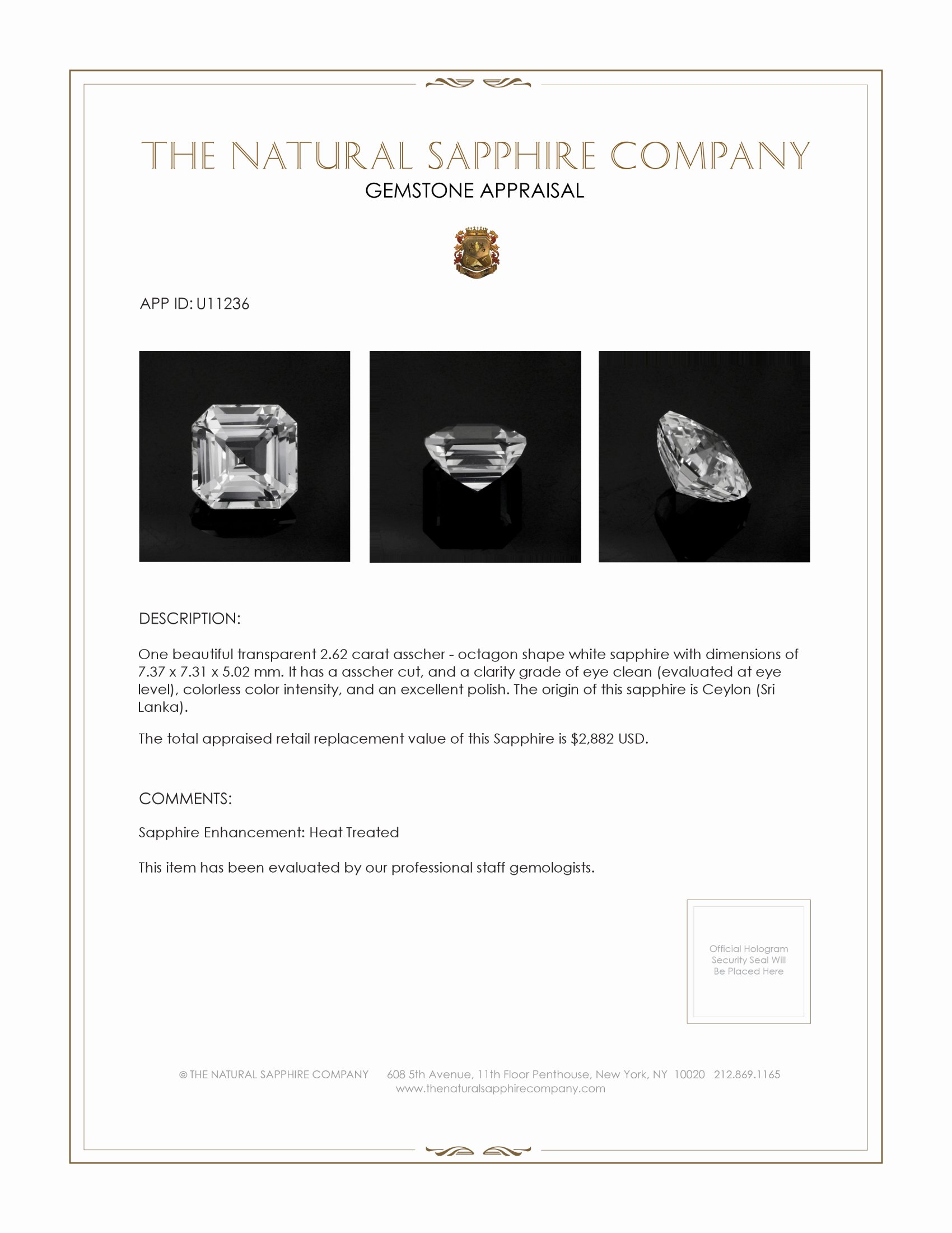2.62 Ct. White Sapphire from Ceylon (Sri Lanka)